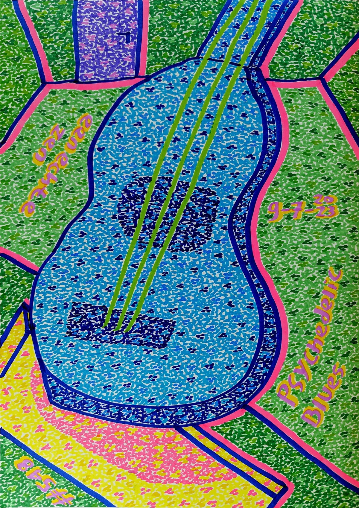 Abstract painting featuring a stylized guitar in cubist style with blue hues and green strings, evoking rock nostalgia.