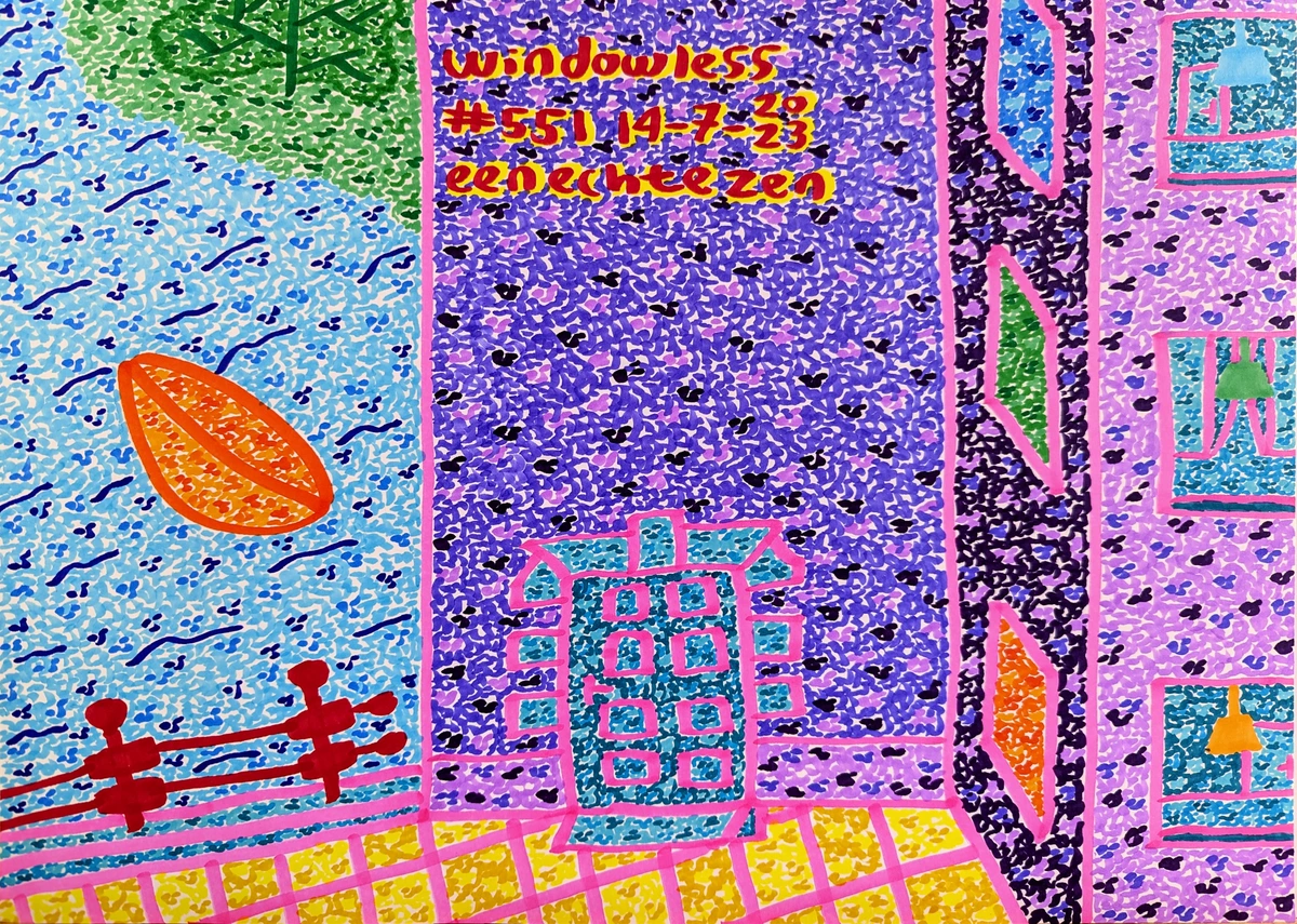 windowless, purple wall, green-blue door, wheelchair ramp, accessibility, solitude, dark purple wall, colored windows, blue window, green window, orange window, lights, scenes, dark red fence, ledge, water, orange boat, verdant land, tree, green leaves, yellow checker pattern, pink outline, Zen Dageraad, inspiration, history, confinement, muse, abstract, patterned, vibrant, colorful, geometric, surreal