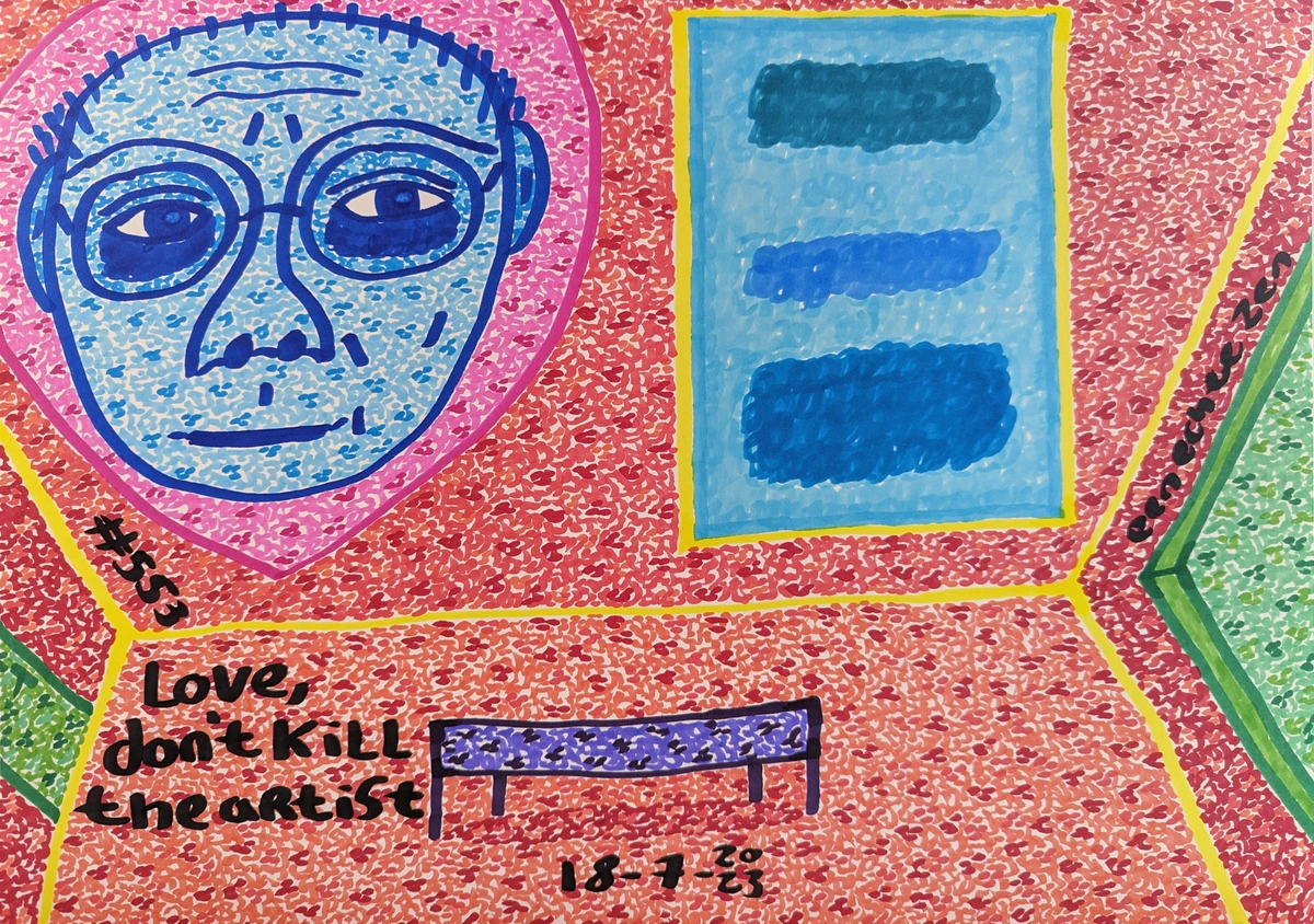 Love, Don't Kill The Artist, Mark Rothko, portrait, heart, iconic artwork, Untitled (Blue Divided by Blue), wall, red hues, purple bench, shadow, green door, green window, Picasso, sketches, context, art appreciation, paradoxical nature, artists' lives, legacies, kill the artist, tragic end, popular art, blue tones, red tones, green tones, purple tones, abstract expressionism, figurative art, commentary, legacy, artist-art relationship, emotional depth, visual narrative