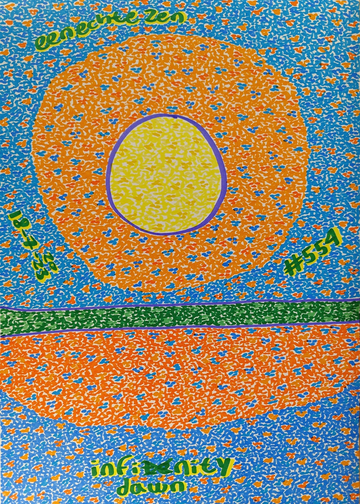 dawn, sun, purple outline, orange halo, blue dots, cerulean sky, orange specks, green trees, orange reflection, blue dots, dark blue water, orange flecks, birth card, Zen Dageraad, vibrant, radiant, majestic, soft, first light, lush, serene, infinity, passage of time, new beginnings, hope, tranquility, abstract, patterned, dotted, layered, horizontal bands