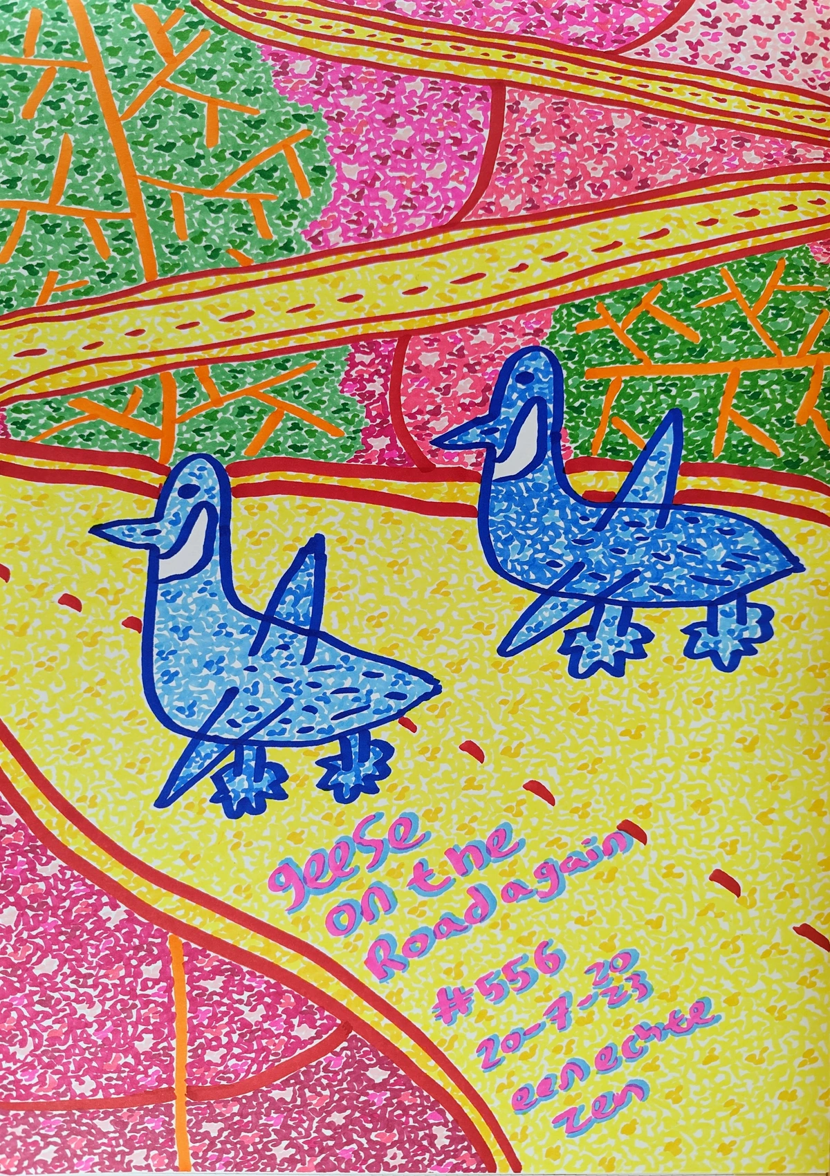 geese, road, nature, trees, pink, yellow, blue, red, serene, peaceful, winding road, contrasting colors, abstract, vibrant, outdoor, walking, Den Bosch