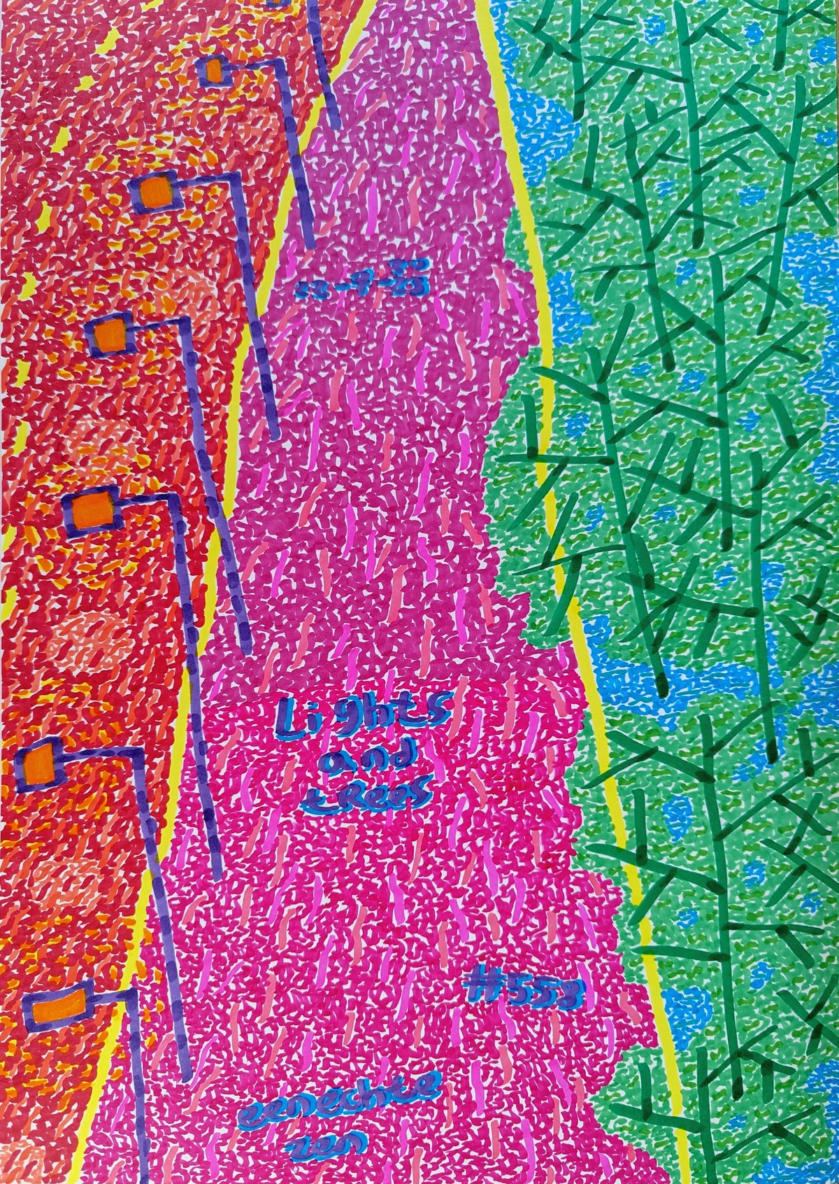 Abstract depiction of a tranquil street scene with trees and lights, evoking peace and ordinary beauty.