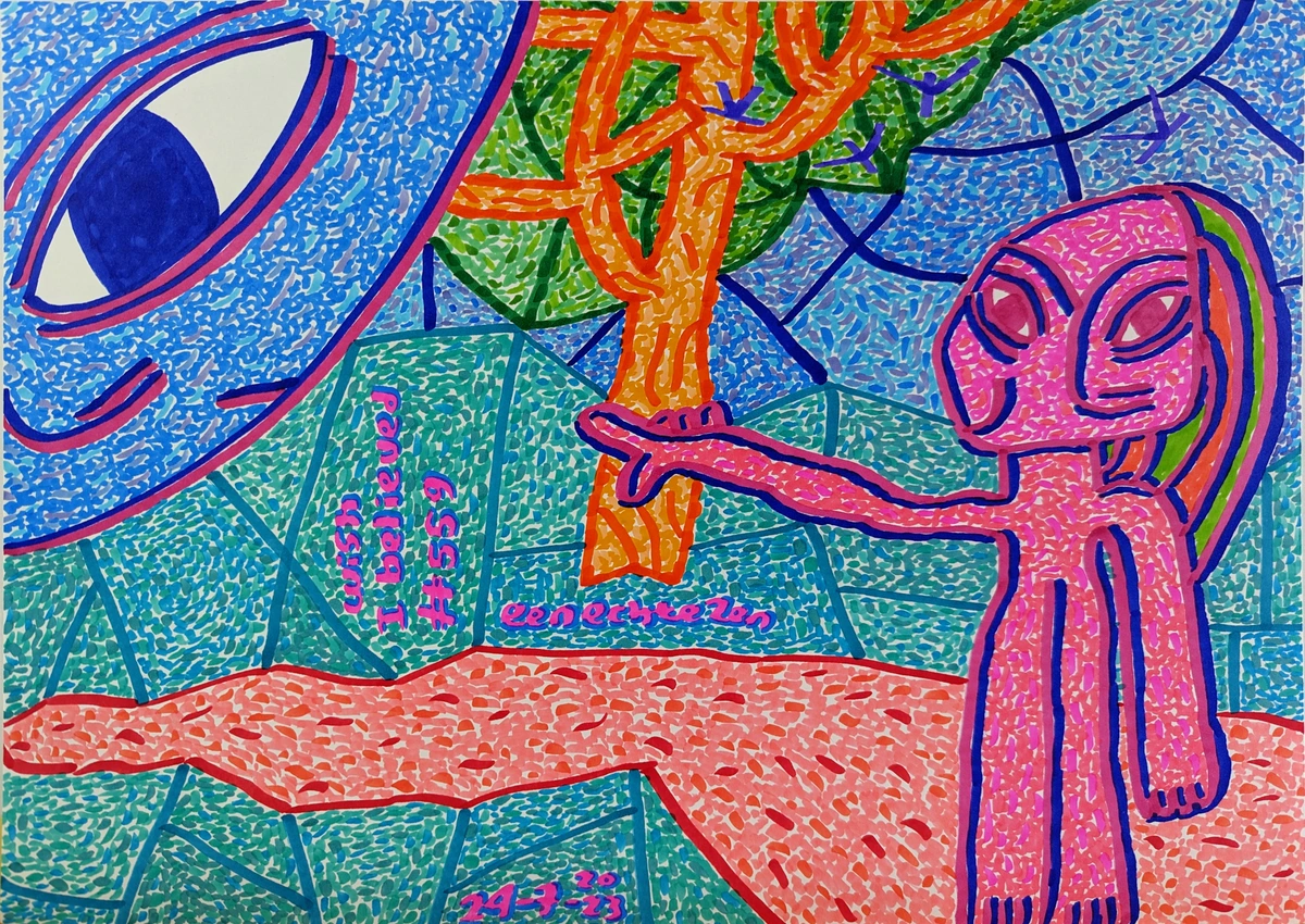 Abstract surrealistisch schilderij met een menselijke figuur die de mysteries van het leven overdenkt.