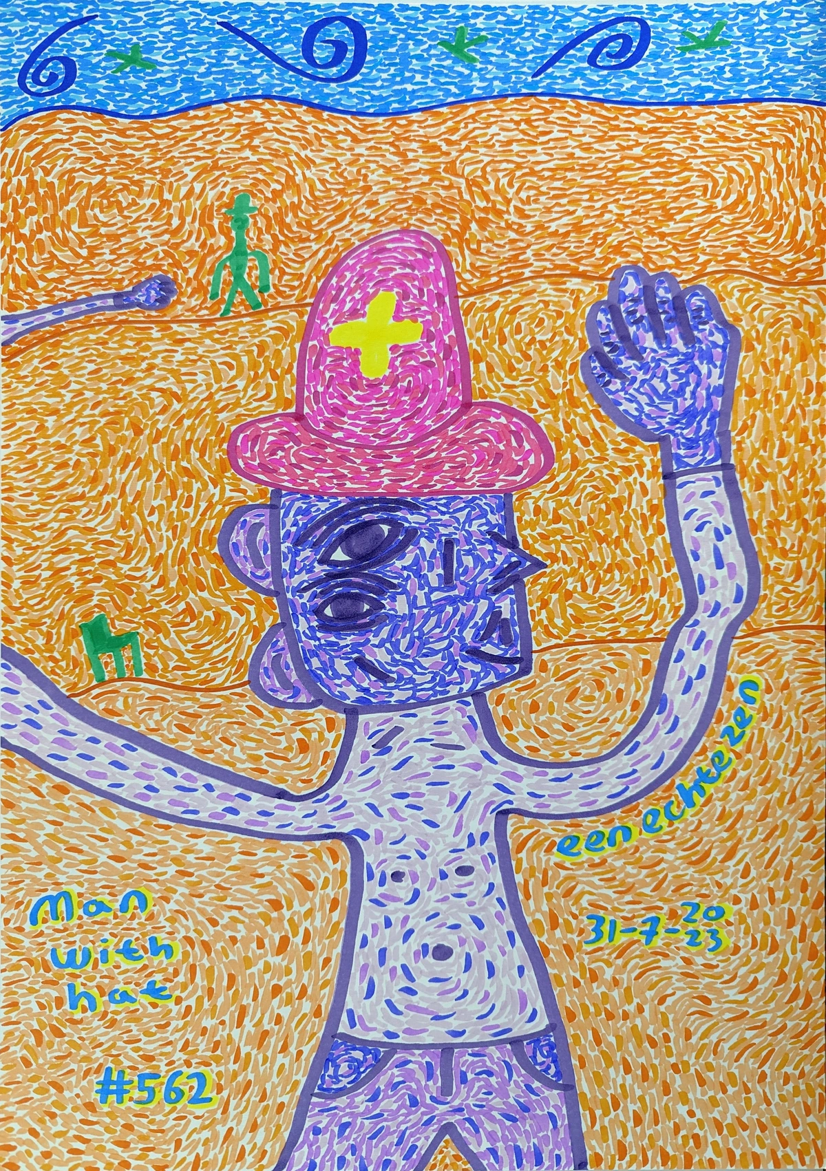 A whimsical, serene surrealist painting with a purple man, pink hat, green hat, waving, orange backdrop, and green birds. / Una pintura surrealista caprichosa y serena con un hombre morado, sombrero rosa, sombrero verde, saludando, fondo naranja y pájaros verdes.