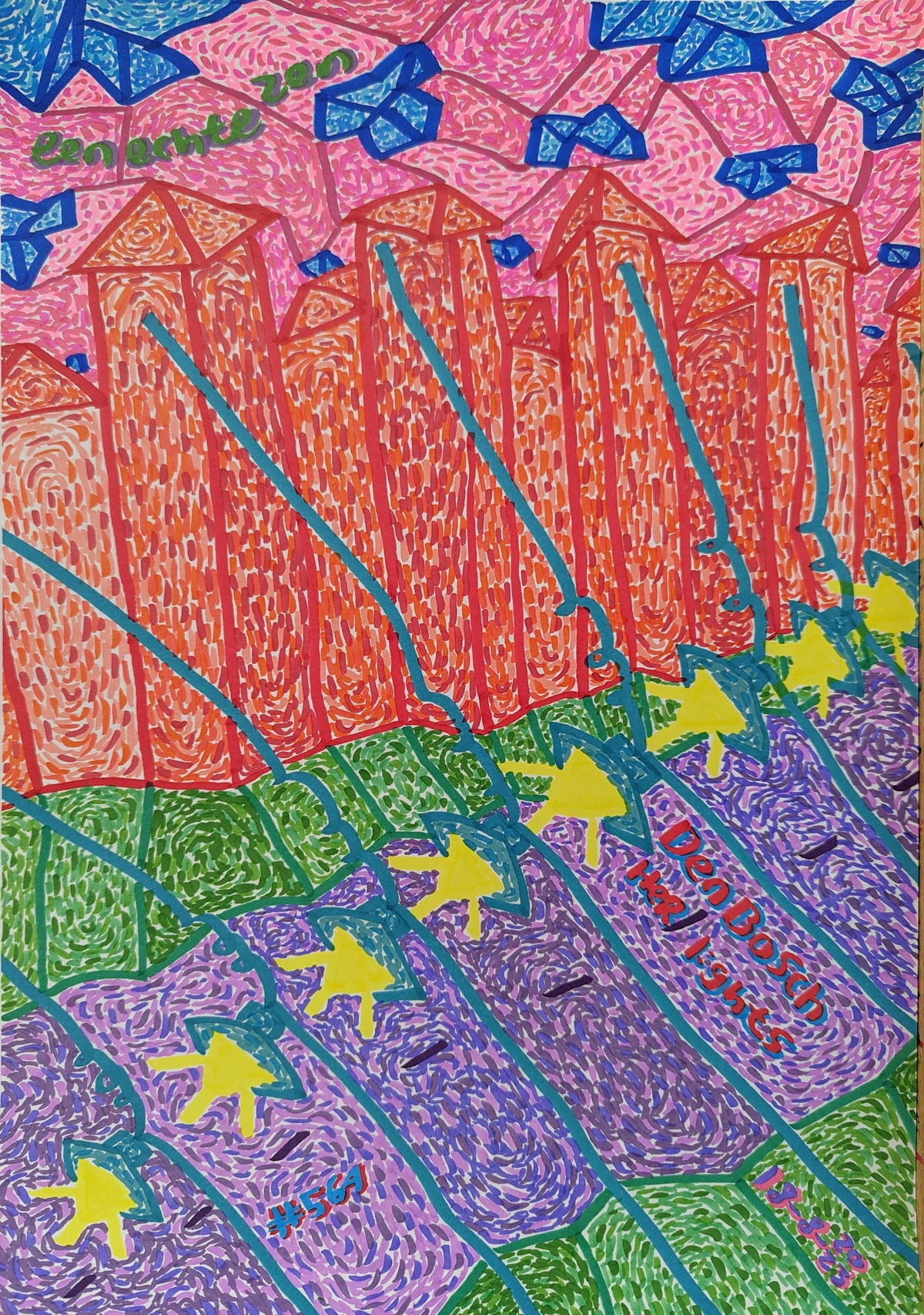 Den Bosch, city, lights, whimsical, crooked streets, red edifices, blue-green lights, yellow light, purple road, green sidewalk, pink sky, blue clouds, abstract forms, poetic, love letter, color, illumination, cityscape, drawing, Zen Dageraad