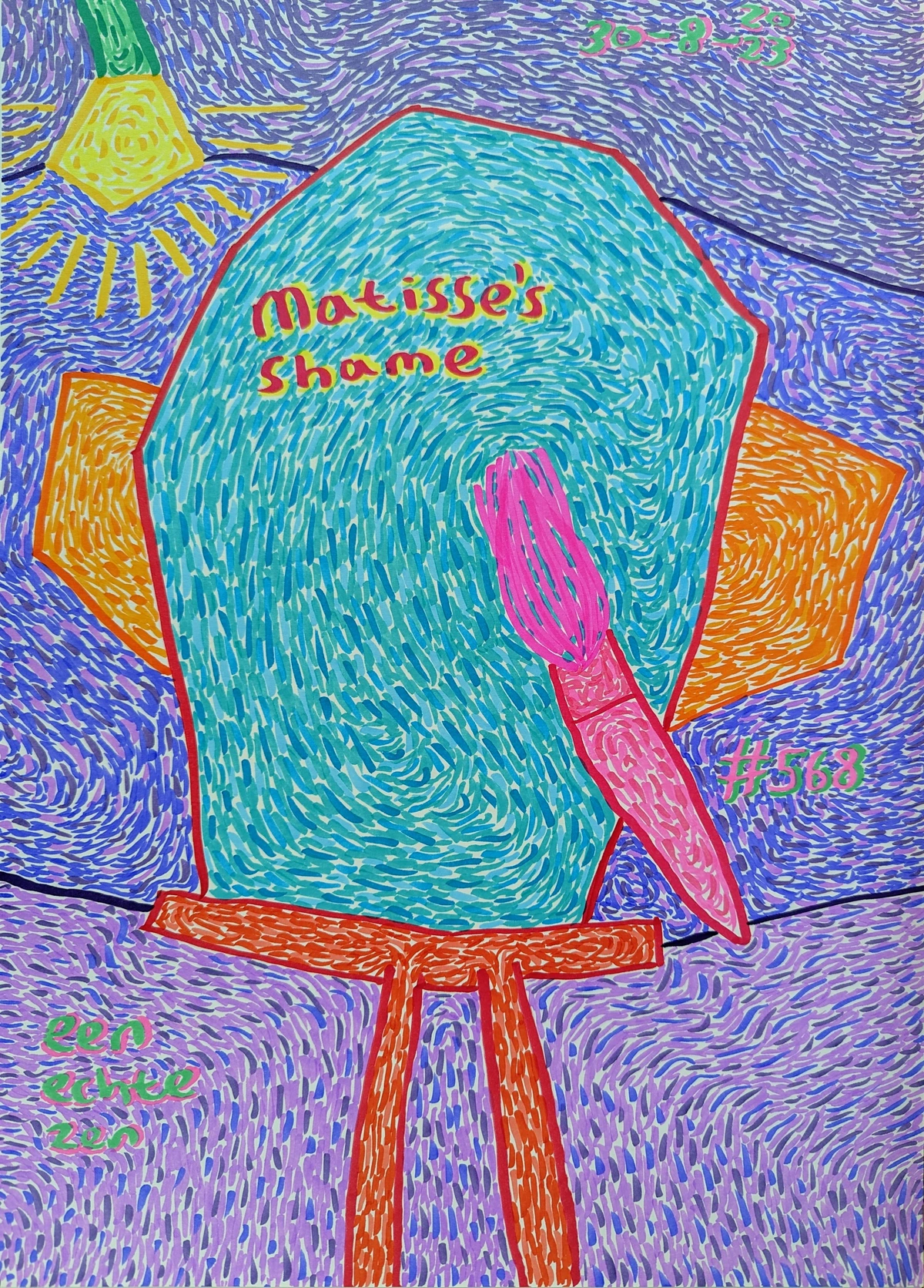 Matisse's Shame, Henri Matisse, Zen Dageraad, artist's reflection, past creations, evolution of perspective, artist's sentiment, shame, introspection, blue-green canvas, pink brush, red frame, orange window, yellow light, green string, purple stripes, vibrant, poignant, soulful, artistic growth, self-criticism, passage of time, artistic journey, abstract expressionism, bold colors, textured strokes, emotional depth