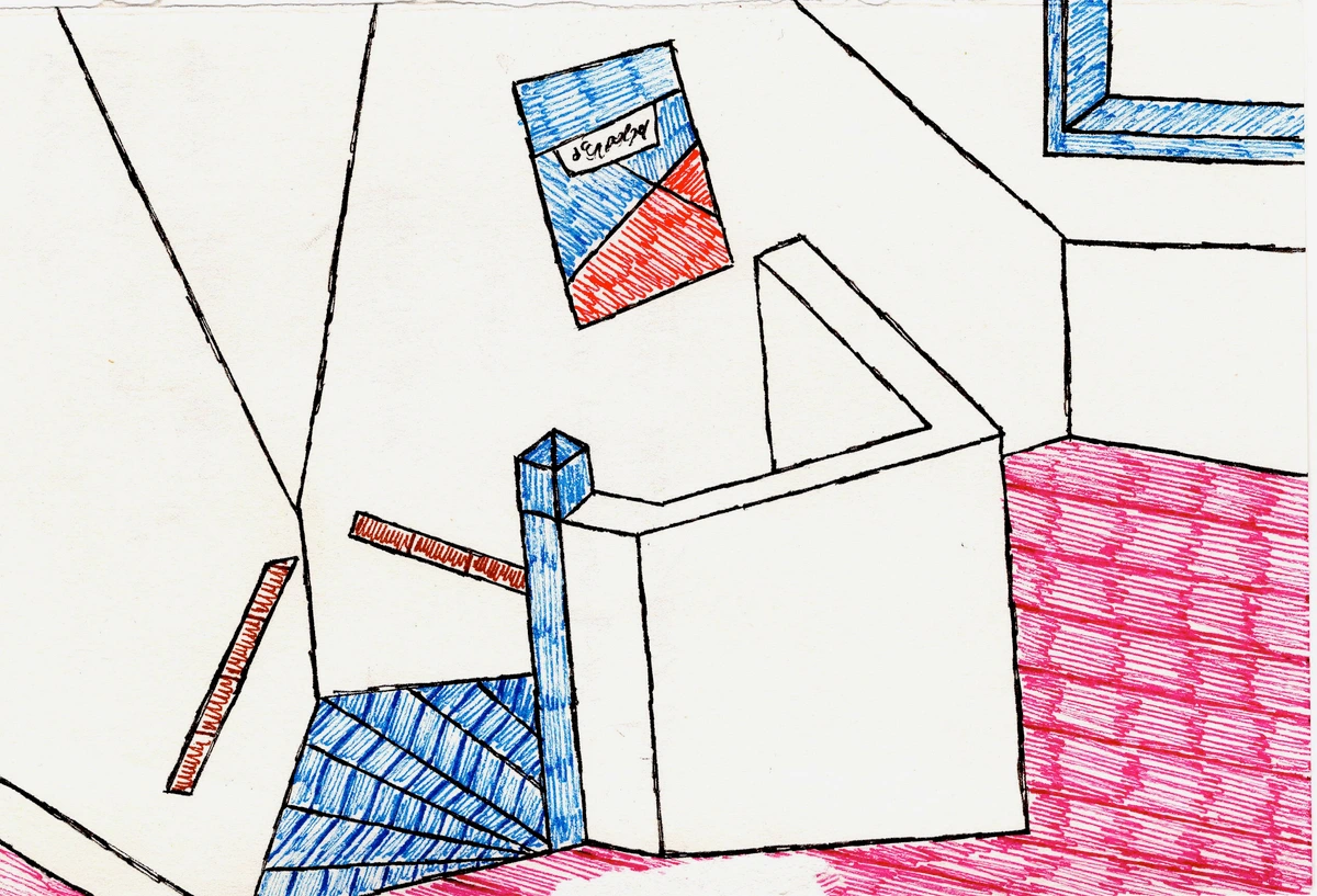 geometric, abstract, architectural, interior, perspective, red, blue, white, lines, shapes, home, stairs, window