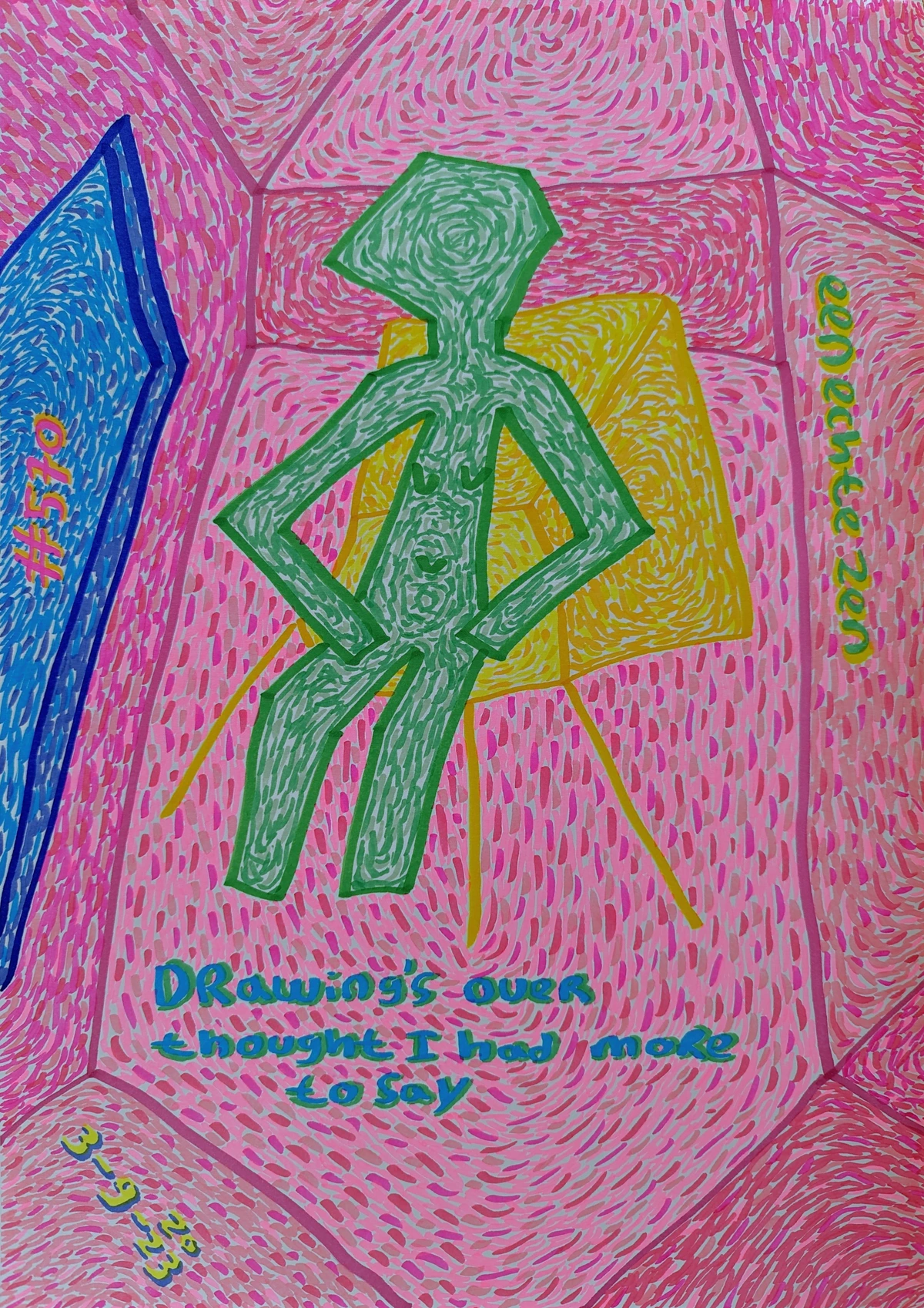 Abstract drawing with a green figure, yellow chair, and pink room, representing the contemplative care of art.