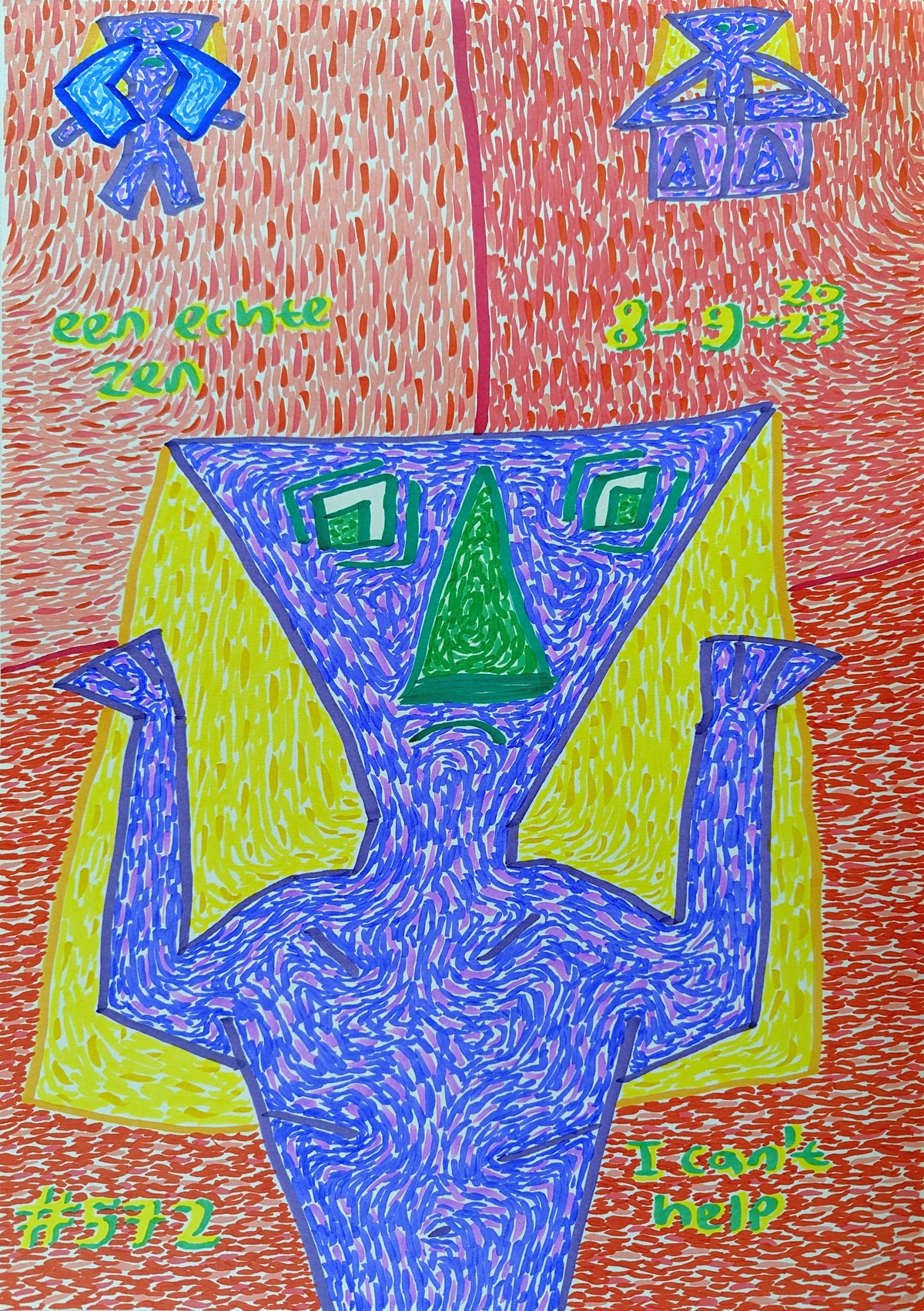 helplessness, familial bonds, depression, emotional turmoil, mother, sister, personal struggle, empathy, melancholy, red backdrop, purple figures, green accents, yellow locks, shrug, voicelessness, internal battles, intertwined emotions, Zen Dageraad