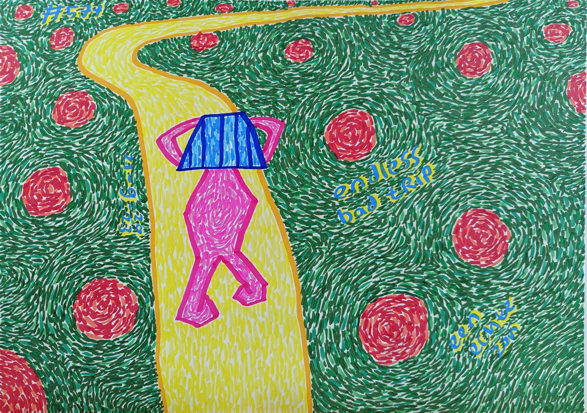Endless Bad Trip, Zen Dageraad, health battle, relentless ailment, enduring tumult, unsettling times, pink figure, blue hair, winding yellow path, onward march, adversities, dark-green field, red circles, metaphorical ripples, surrealism, abstract, vibrant colors, yellow, green, pink, blue, red