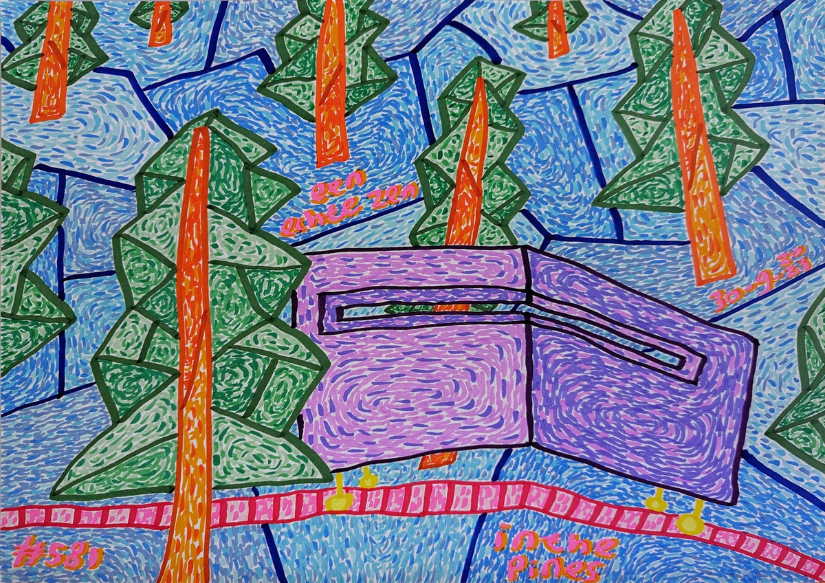 pines, forest, cold, mystical, Nirvana, "Where Did You Sleep Last Night", blue backdrop, orange trunks, verdant leaves, tranquility, stark reality, pink railroad, purple train, yellow wheels, surreal warmth, ambivalence, #581, 30-9-23