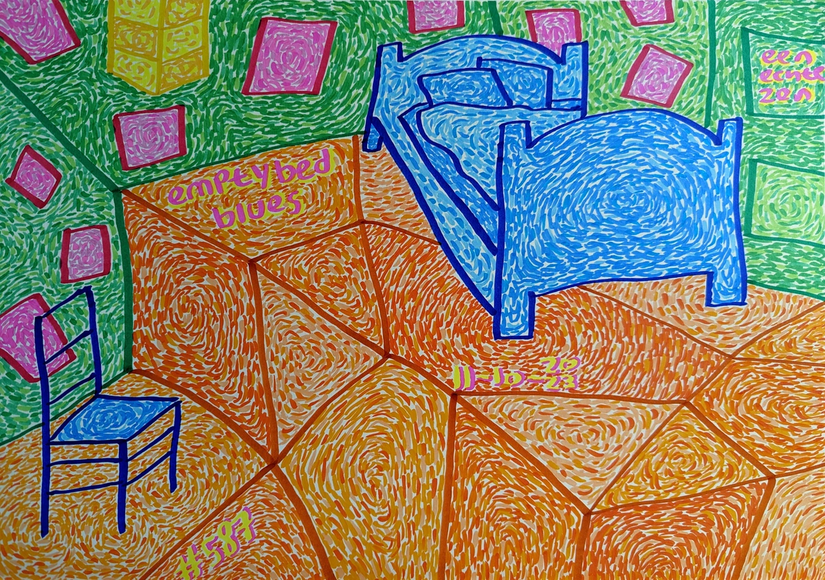 Empty Bed Blues, Zen Dageraad, melancholic, song, rhythm, Vincent van Gogh, bedroom painting, blue bed, desolate chair, verdant green walls, pink artwork, yellow window, solitude, vibrant orange floor, loneliness, contemplation, soulful tunes, abstract, modern art, bold colors, geometric patterns, textured, expressive brushstrokes