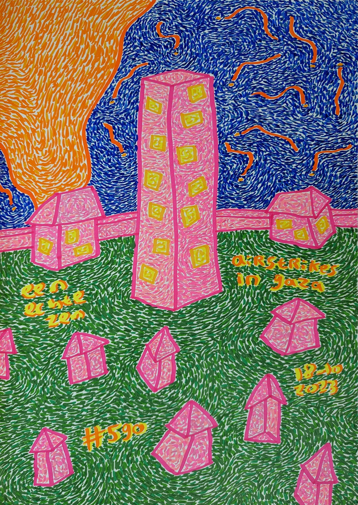 Gaza, airstrikes, conflict, war, buildings, fire, smoke, missiles, electricity, footage, impersonal, sympathy, visual, abstract, tense, orange, blue, pink, green, abstract art, modern art, expressive