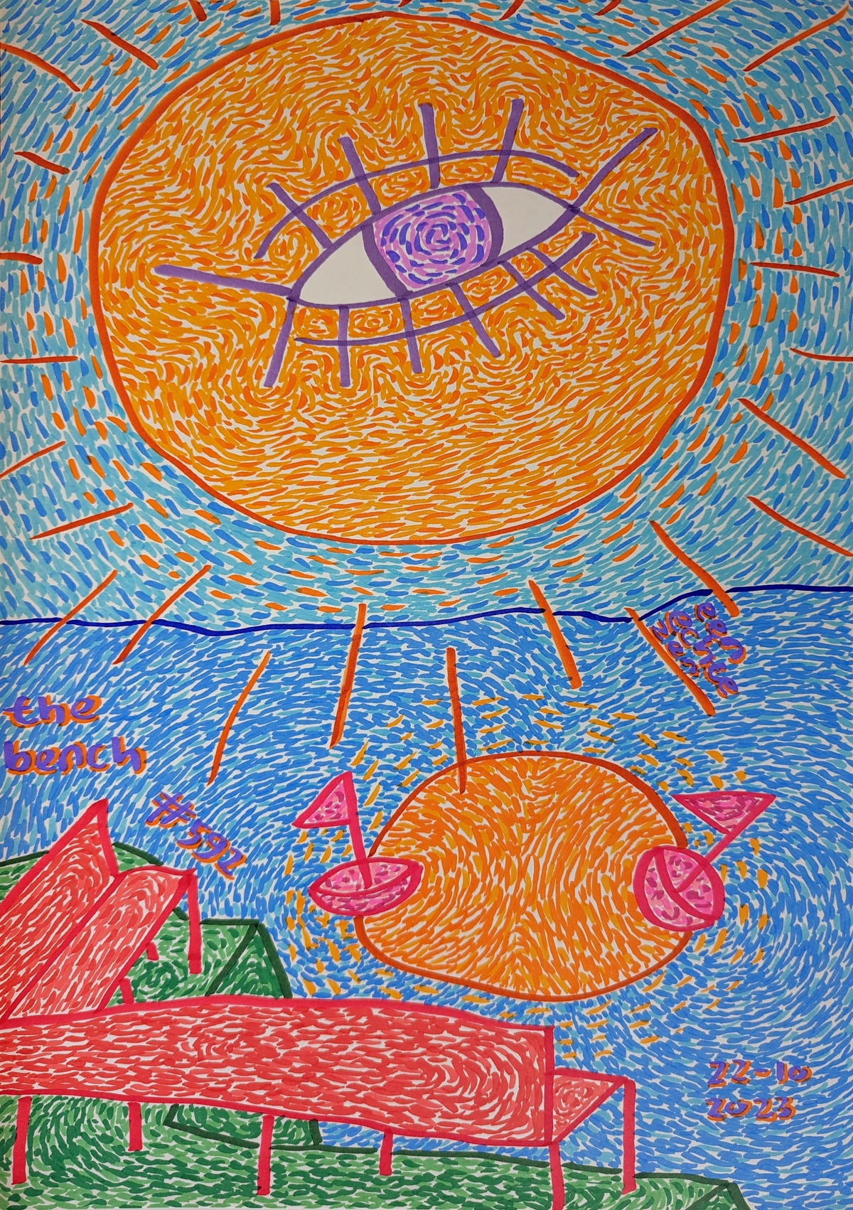 bench, walks, hobby, city, Den Bosch, inspiration, art, passage of time, reflection, outdoor, nature, relaxation, creative process, visual art, drawing, marker, colorful, abstract, sun, water, beach, sailboats, eye, date 2023