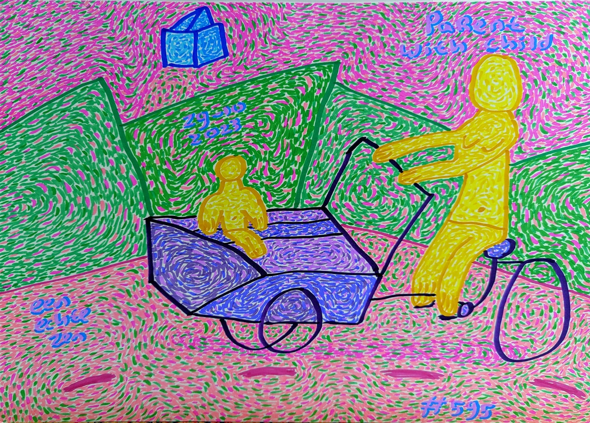 parent, child, cargo bike, family, appreciation, independence, stress, time, memory, childhood, journey, connection, love, art, visual art, painting, colorful, pink, green, yellow, blue, purple