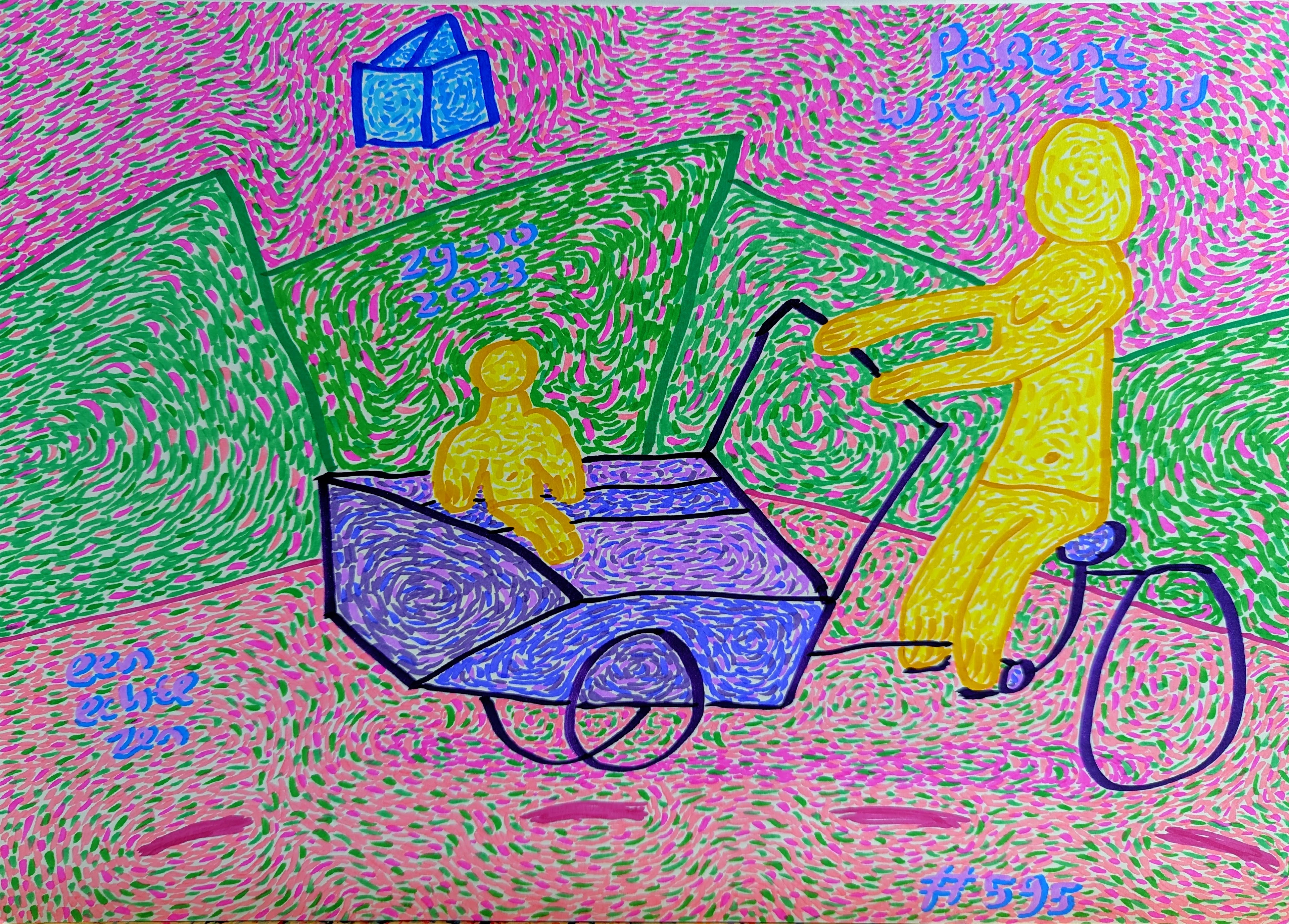 Parent With Child By Dutch Den Bosch Artist Zen Dageraad, Art piece (drawing) about: family walks