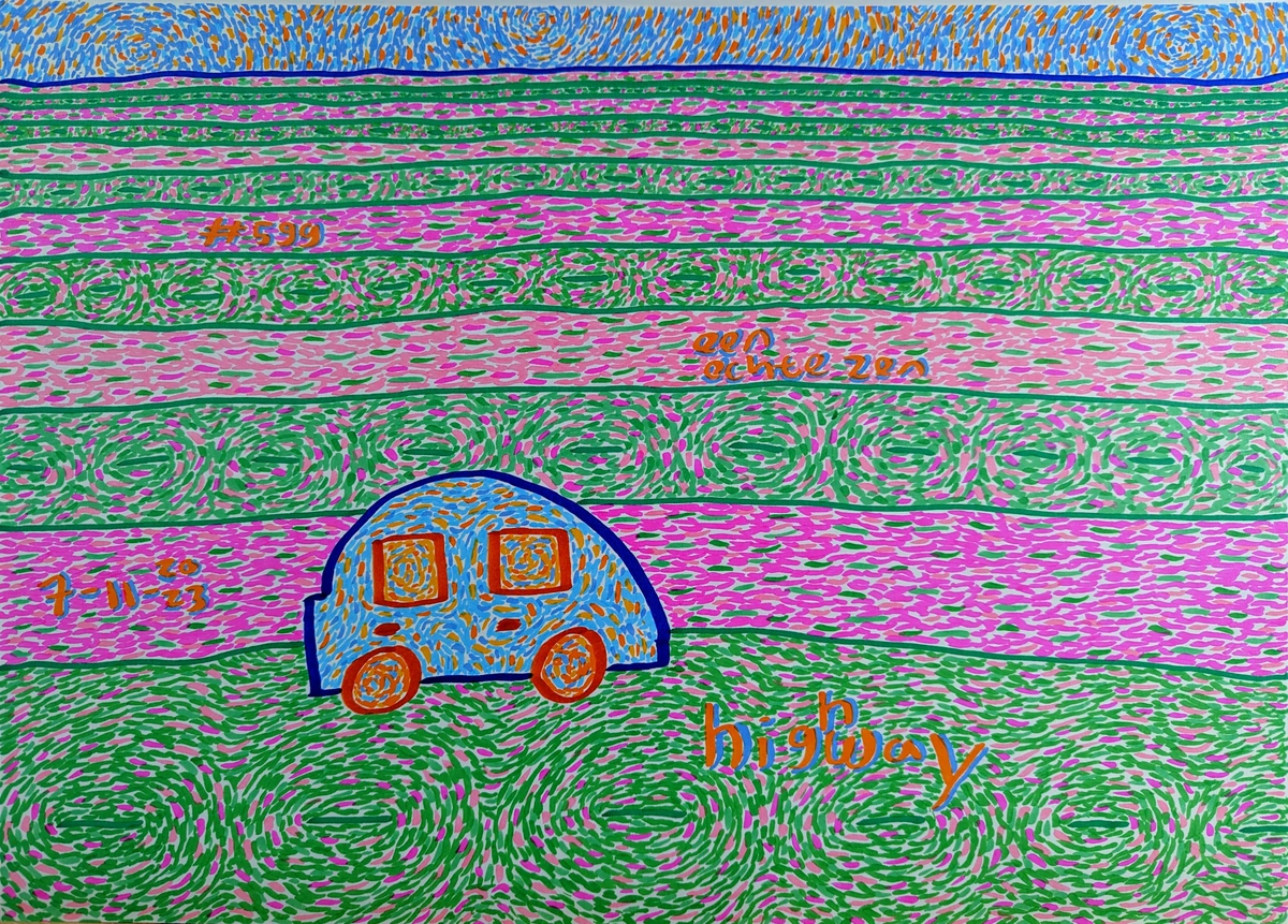 An abstract image featuring dynamic blue, orange, green, and pink patterns, representing the transient encounters and observations that inspire a deep understanding of color interaction, as explored by Albers.