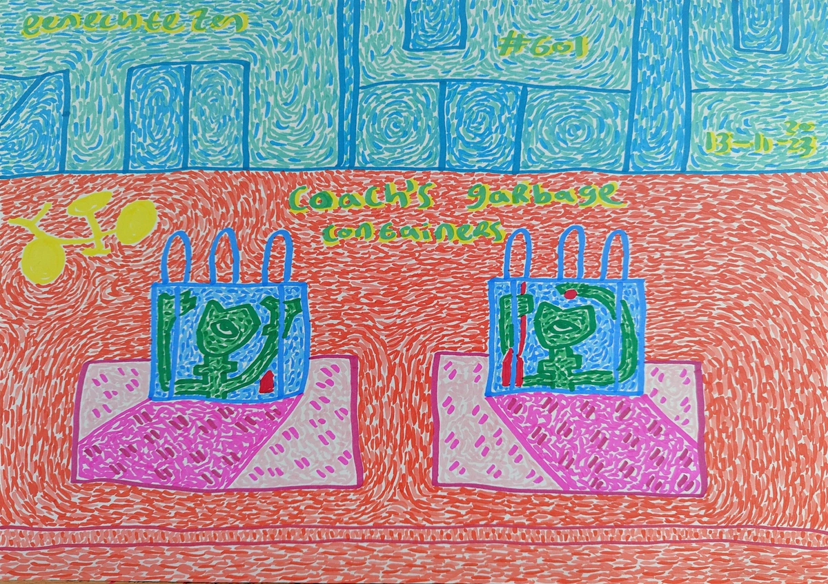 basketball, coach, garbage containers, art, memory, passage of time, unexpected encounters, personal reflection, melancholy, nostalgia, street art, painted objects, personal connection, artistic inspiration, creative process, blue, green, red, pink, yellow, abstract patterns, textured, bold colors