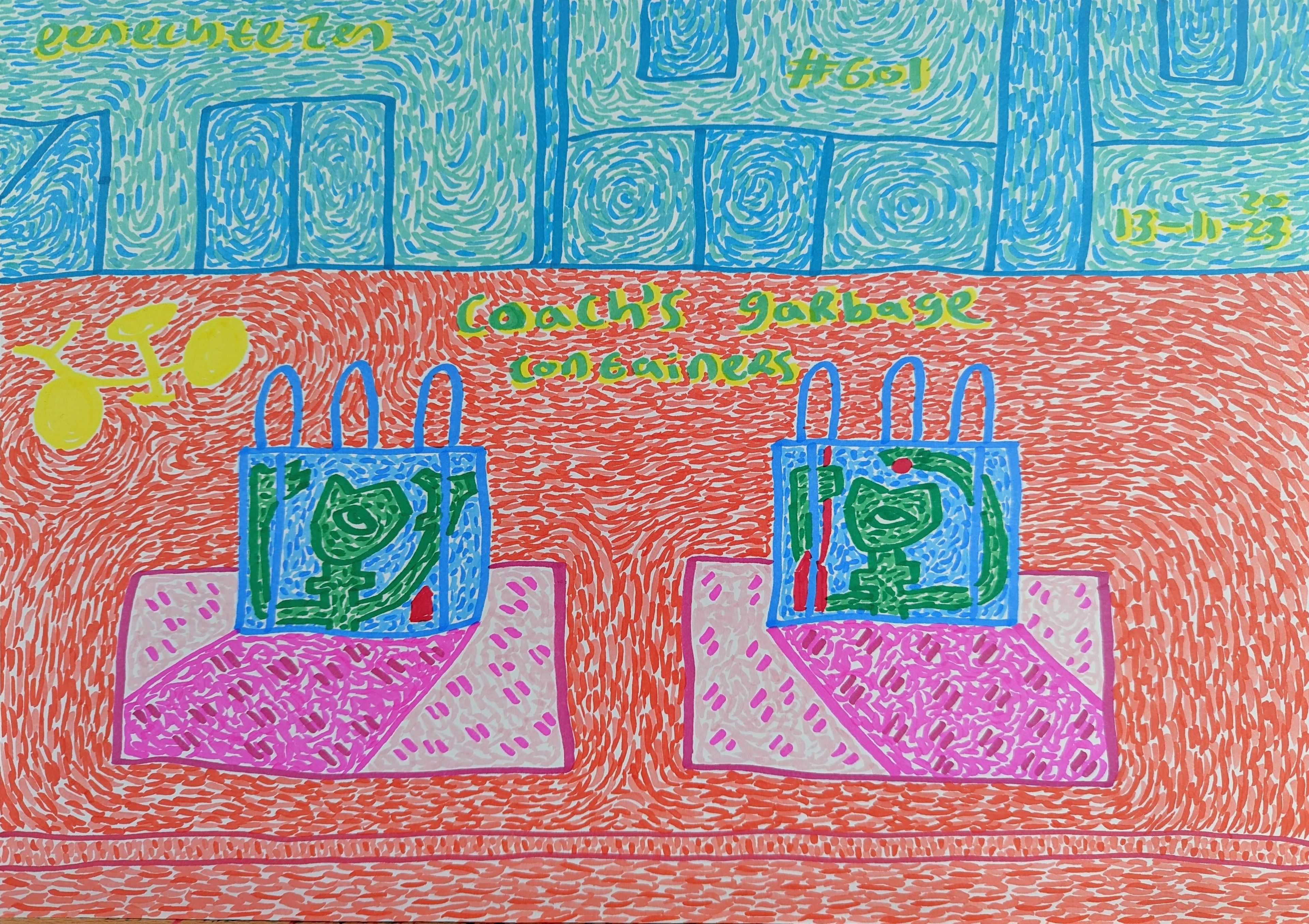 Coach's Garbage Containers By Dutch Den Bosch Artist Zen Dageraad, Art piece (drawing) about: loneliness walks den-bosch