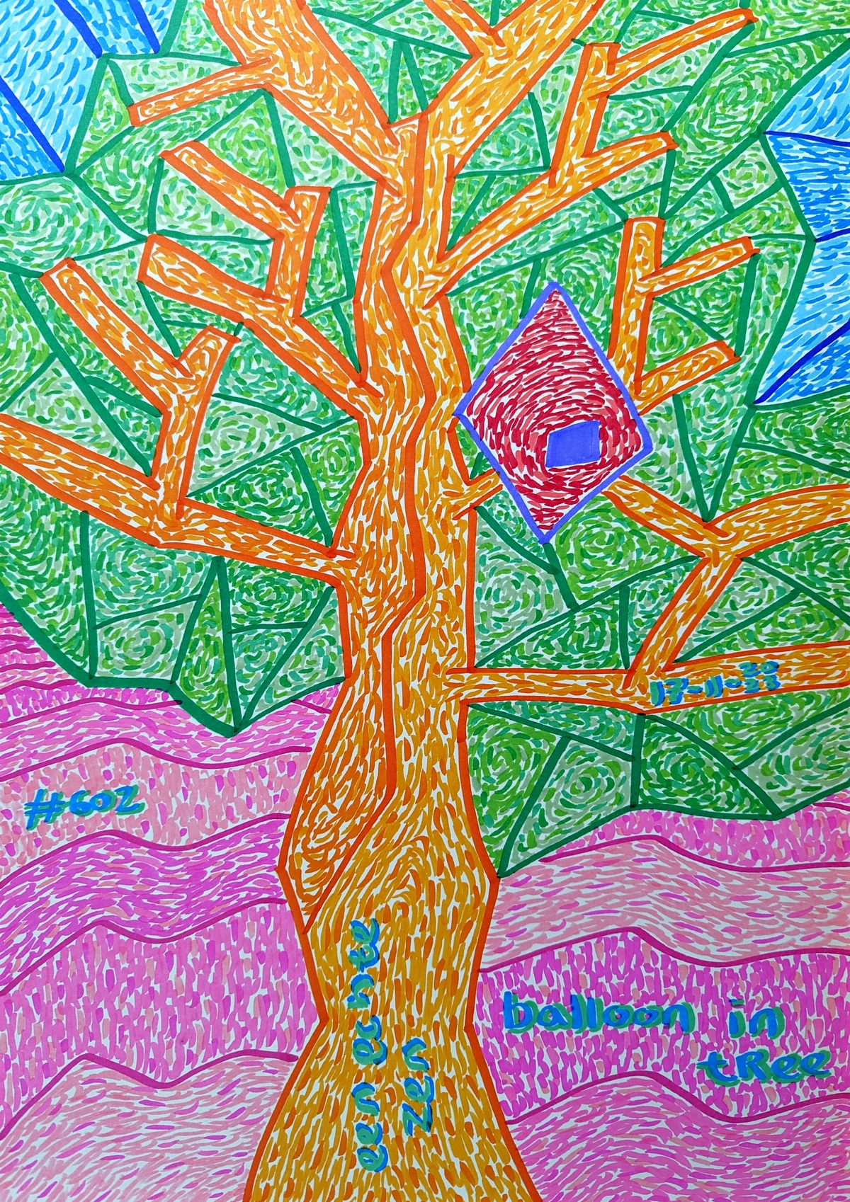 balloon, tree, cold, day, sunless, peaceful, walking, guitar, family, parents, loneliness, melancholy, hope, stuck, wind, travel, blue, green, orange, pink, geometric, abstract