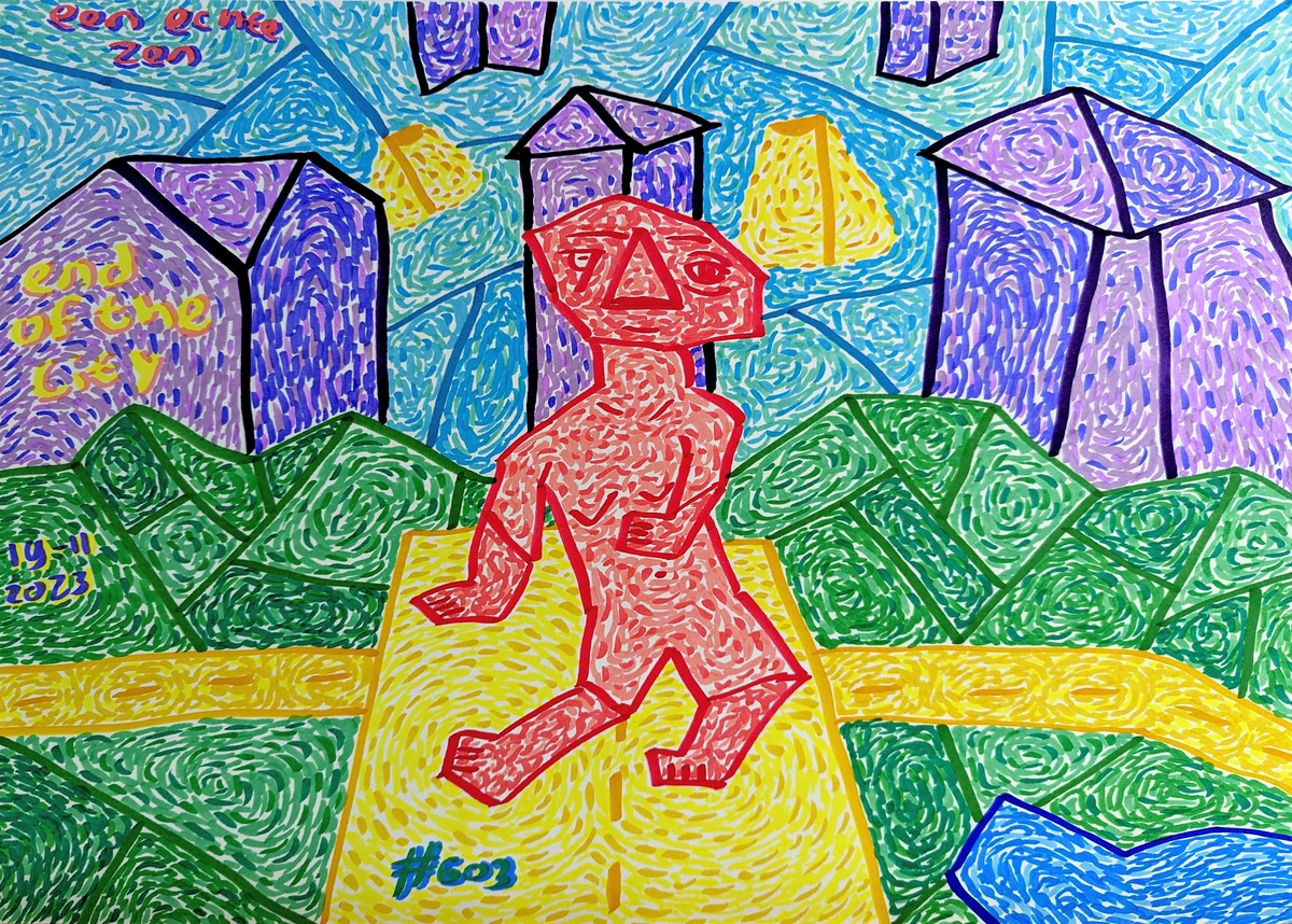 stad, einde van de stad, rand, perspectief, snelweg, vogels, groen, natuur, grenzen, buurt, lelijk, boze gezichten, lopend, stil, vredig, Den Bosch, stedelijk, landelijk, contrast, kleurrijk, abstract, geometrisch, rode figuur, paarse gebouwen, groene heuvels, geel pad, blauw water