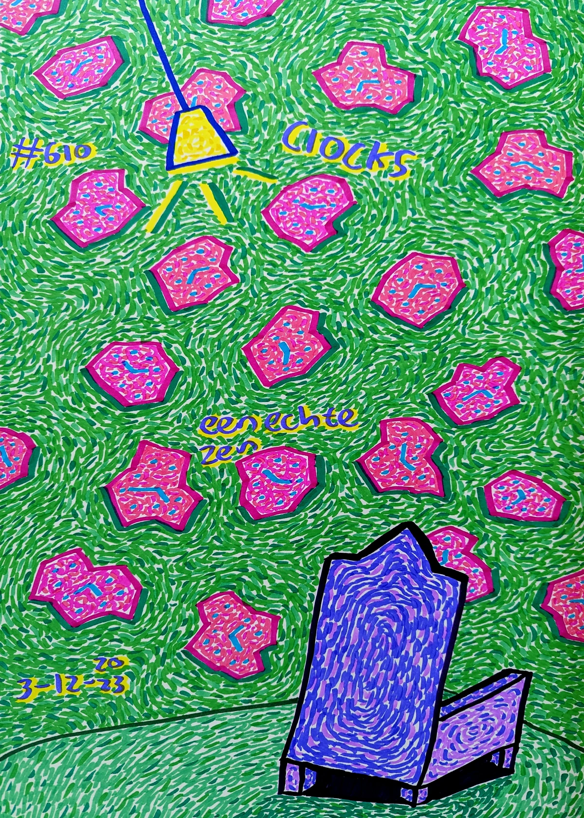 clock, time, wasted time, procrastination, weekend, long days, art, games, videos, chair, wall of clocks, passage of time, self-reflection, regret, green, pink, blue, yellow, abstract, drawing