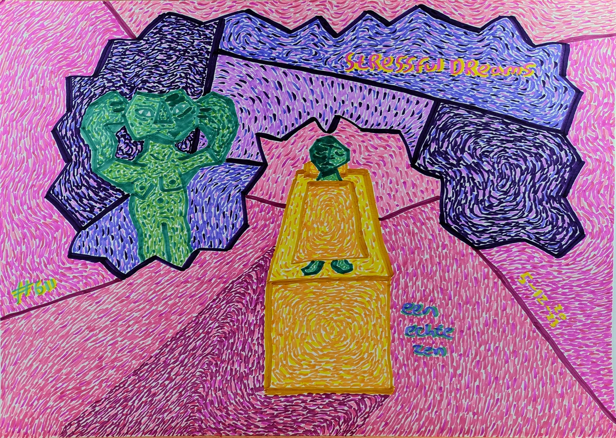 stressful dreams, anxiety, social anxiety, unfamiliar situations, constant anxiety, on edge, forgotten something, fighting brain, sleep, dreams, green figures, yellow pedestal, pink background, purple patterns, abstract shapes, #611, een echte zen