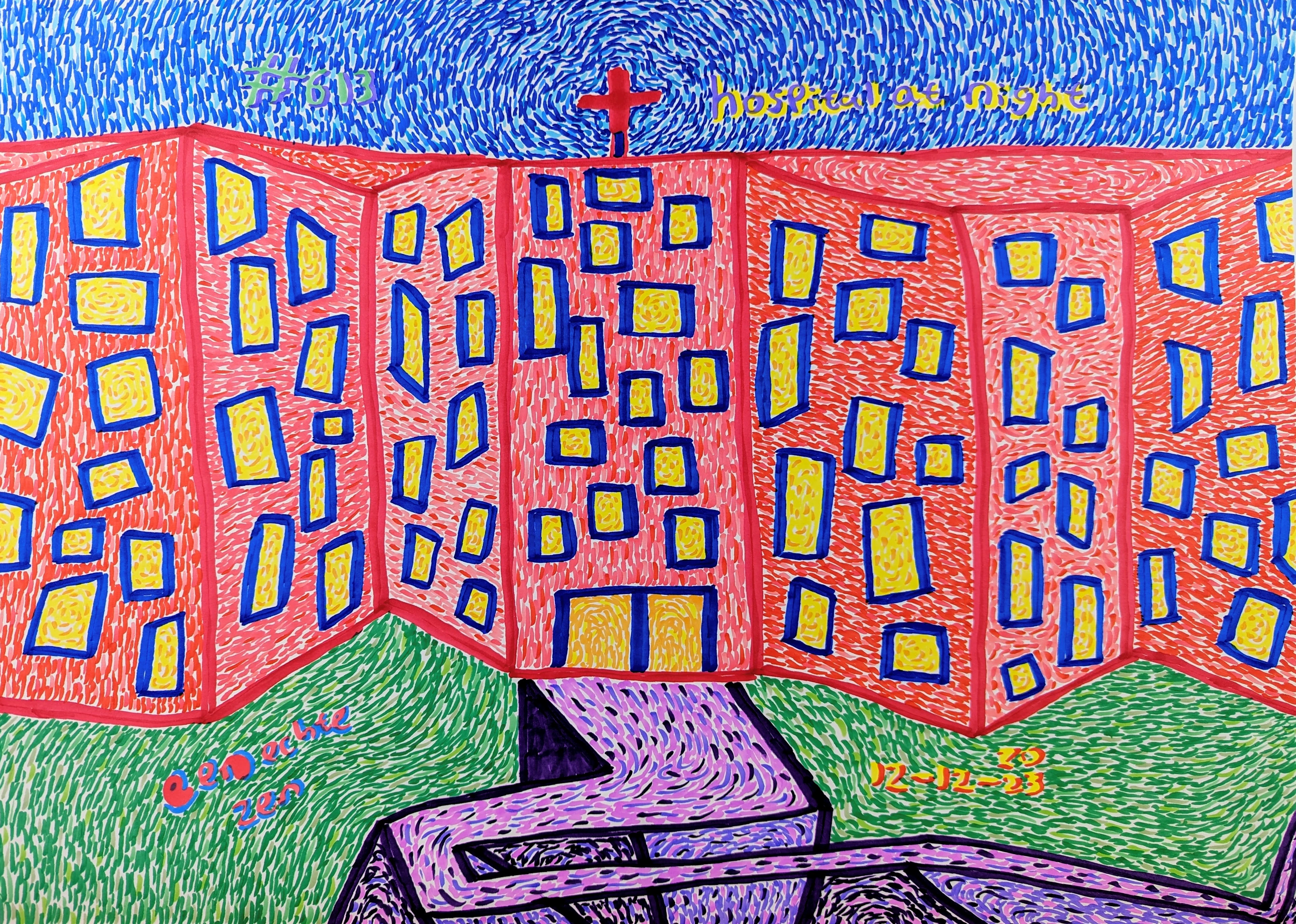 Hospital At Night By Dutch Den Bosch Artist Zen Dageraad, Art piece (drawing) about: den-bosch walks
