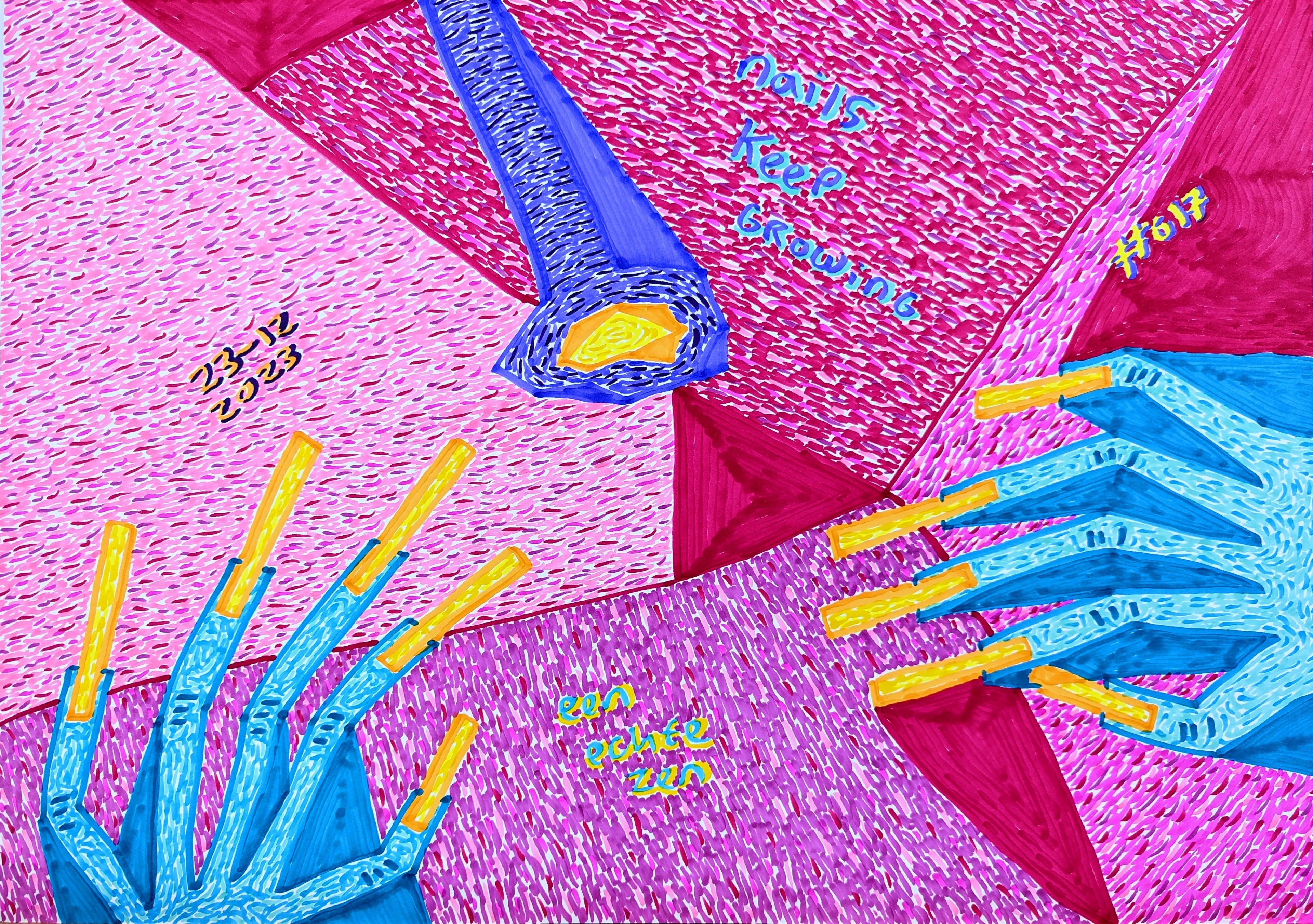 Nails Keep Growing By Dutch Den Bosch Artist Zen Dageraad, Art piece (drawing) about: wasting-time self-portrait