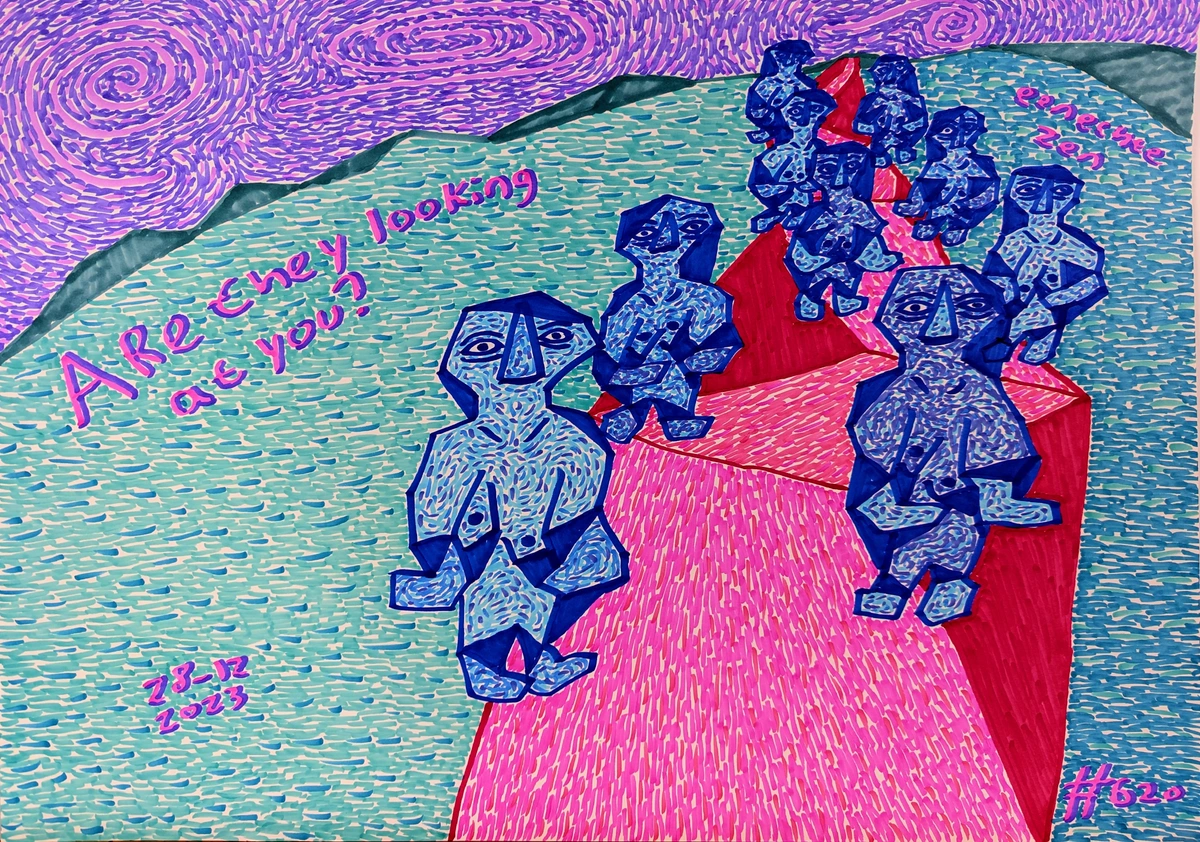 Paranoia, anxiety, and introspection depicted through blue figures on a pink and red path against a swirling purple sky, symbolizing the psychological challenges artists face.
