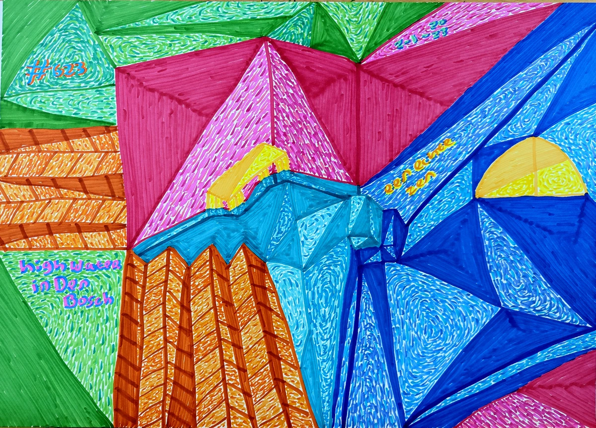 Abstracte compositie met overlappende doorschijnende geometrische vormen in diverse kleuren.