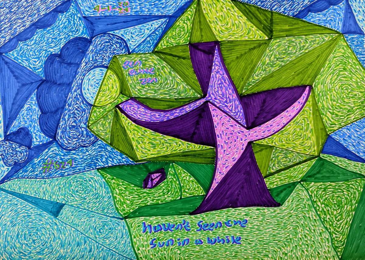 sun, clouds, rain, trees, grassfields, water, summer, winter, warmth, loneliness, longing, melancholy, introspection, passage of time, contrast, geometric, blue, green, purple