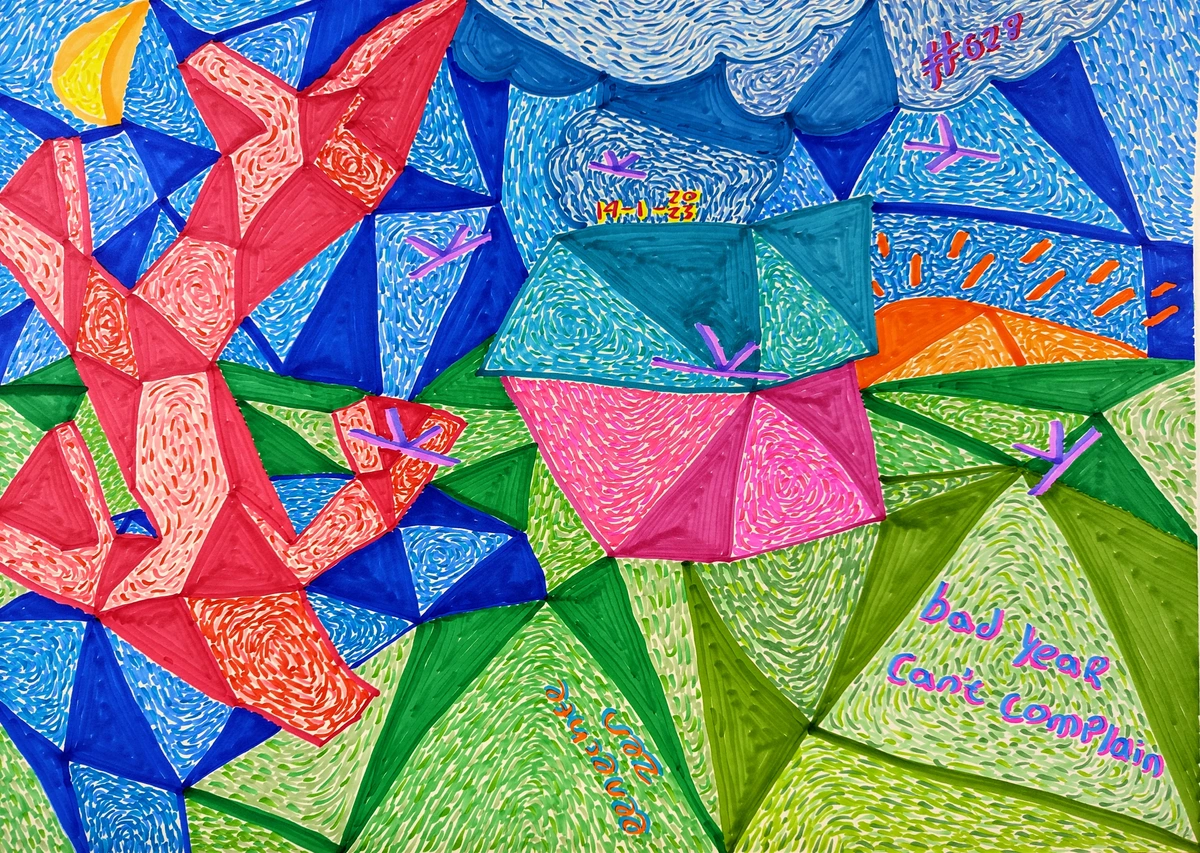 bad year, can't complain, anxiety, mental state, comparison, art, comfort, stress, complaining, self-perception, emotional conflict, geometric shapes, abstract, colorful, blue, green, pink, red, orange, yellow, clouds, sun, planes