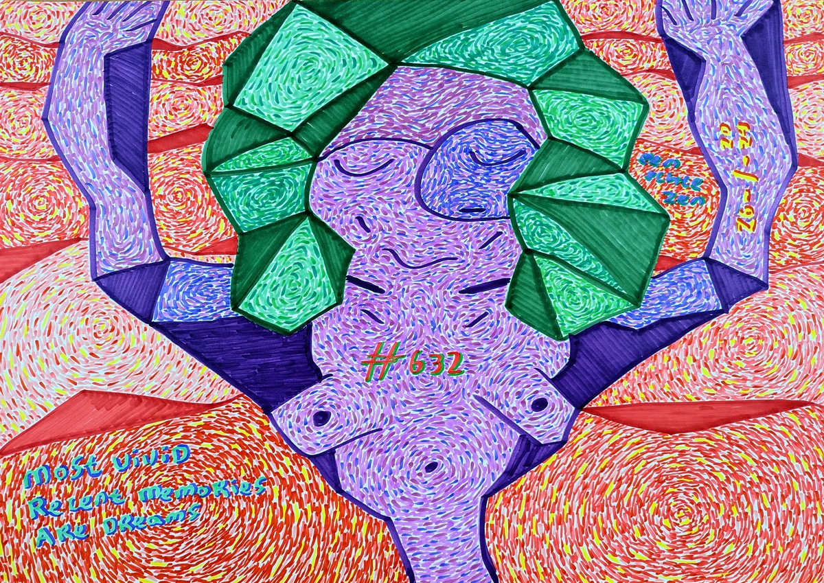 memory, dreams, vividness, reality, confusion, passage of time, reflection, introspection, surrealism, abstract, purple, green, red, yellow, geometric shapes, portrait, text, #632, 26-1-97