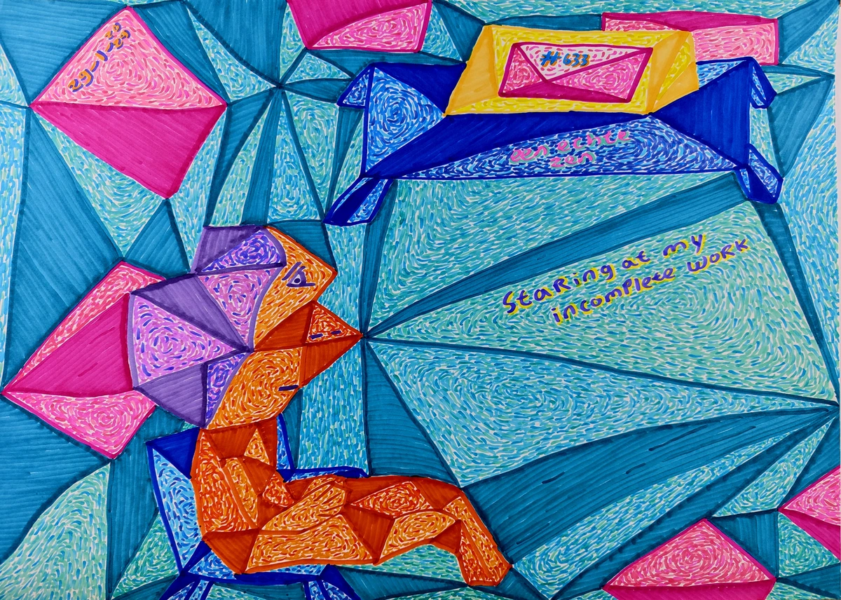 incomplete work, art, frustration, satisfaction, worthwhile activity, time, painting, torture, passion, decisions, abstract, geometric, blue, pink, orange, purple, yellow, #633, een echte zen