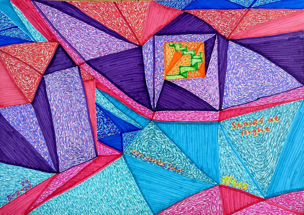 Abstract geometric staircase with vibrant red, blue, purple, pink, orange, green colors and textured surfaces, inspiring transformation and perspective.