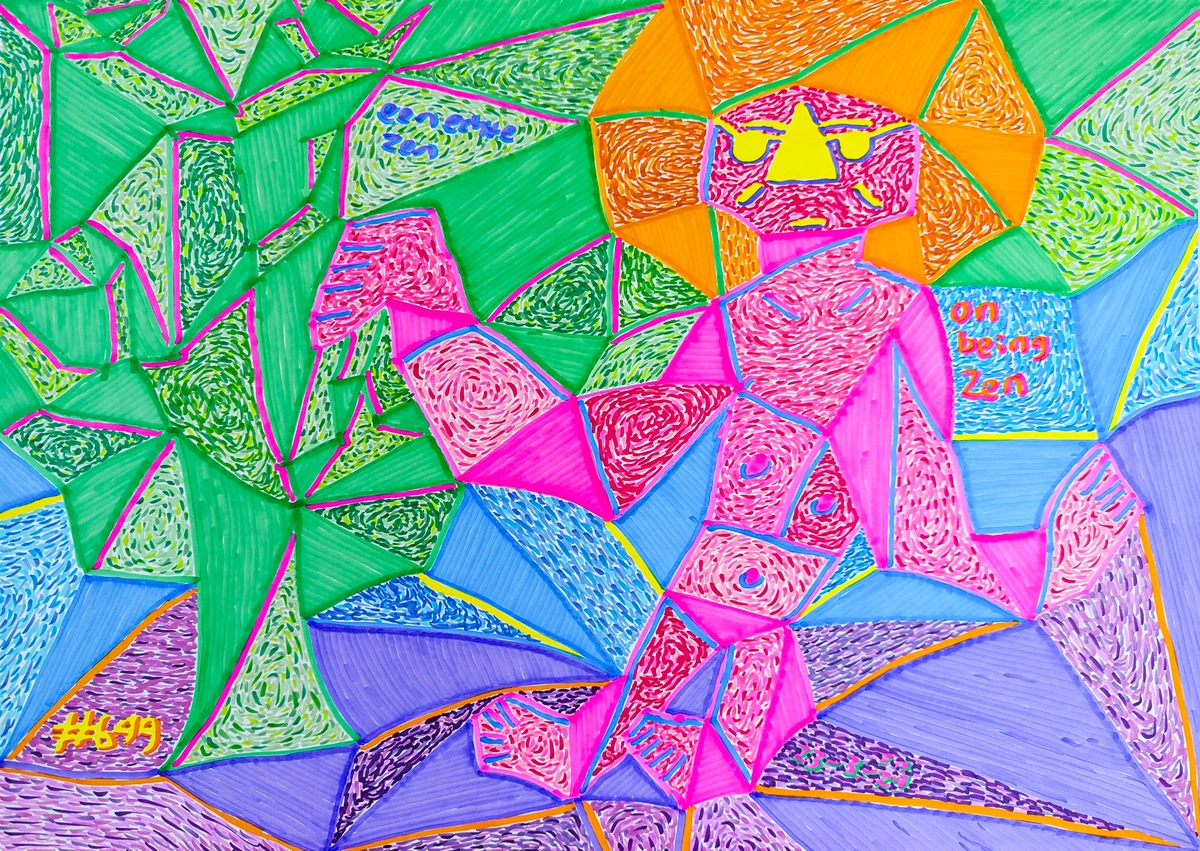 Zen, identity, self-perception, uniqueness, inner state, peace, spirituality, personal meaning, geometric patterns, vibrant colors, pink, green, orange, blue, purple, abstract art, mosaic, bold lines, artistic expression, self-acceptance, individuality