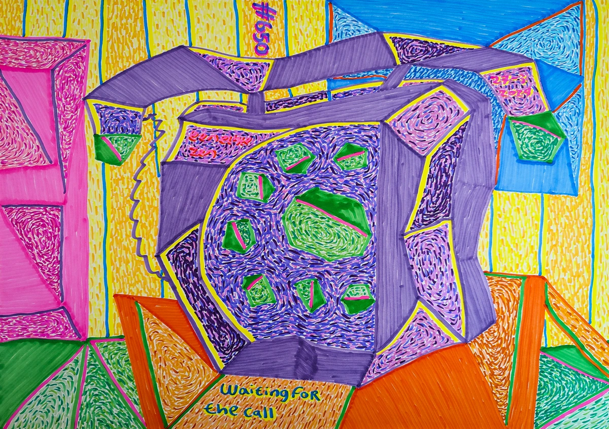 waiting, anxiety, mental health, clinic, GP, call, waiting list, uncertainty, authenticity, predictable, unpredictable, half a year, art, hunger, feeling off, referral, confirmation, fond of waiting, hobby, empty time, geometric, abstract, purple, pink, yellow, green, blue, orange, bold lines, textured patterns / esperando, ansiedad, salud mental, clínica, médico de cabecera, llamada, lista de espera, incertidumbre, autenticidad, predecible, impredecible, medio año, arte, hambre, sentirse mal, derivación, confirmación, aficionado a la espera, pasatiempo, tiempo vacío, geométrico, abstracto, morado, rosa, amarillo, verde, azul, naranja, líneas audaces, patrones texturizados