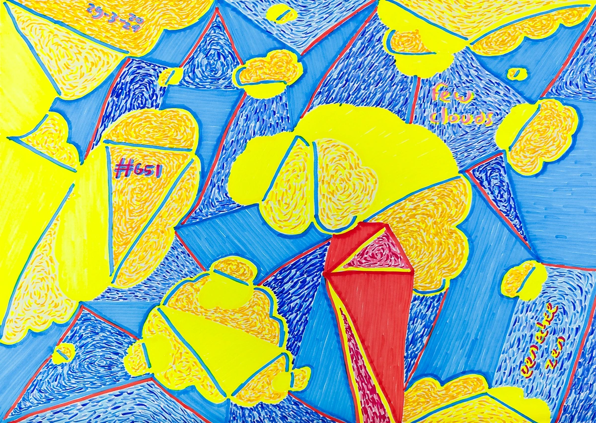 Sky, clouds, blue sky, peaceful, ease, floating, small, irrelevant, comfort, beauty, minimal clouds, perspective, yellow, blue, red, abstract, geometric