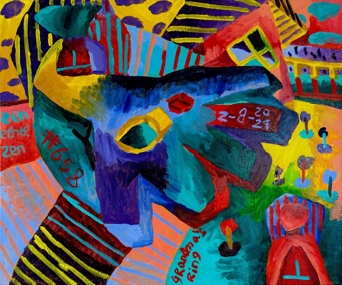 Grandma's ring, memory, childhood, anxiety, growth, loss, passage of time, broken object, gemstone, candy, abstract, colorful, expressive brushstrokes, figurative, symbolic