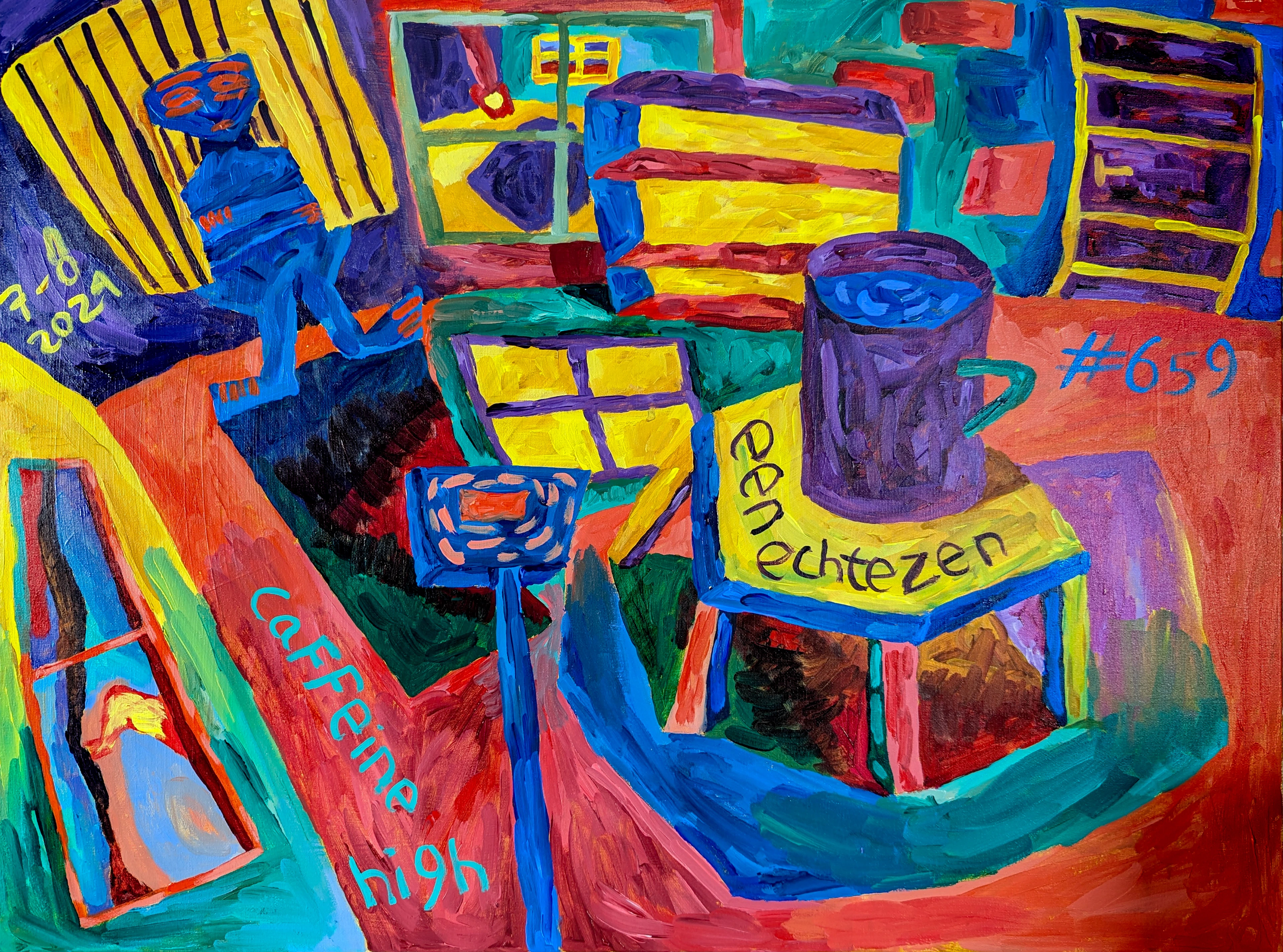 Caffeine High By Dutch Den Bosch Artist Zen Dageraad, Art piece (painting) about: drugs anxiety self-portrait