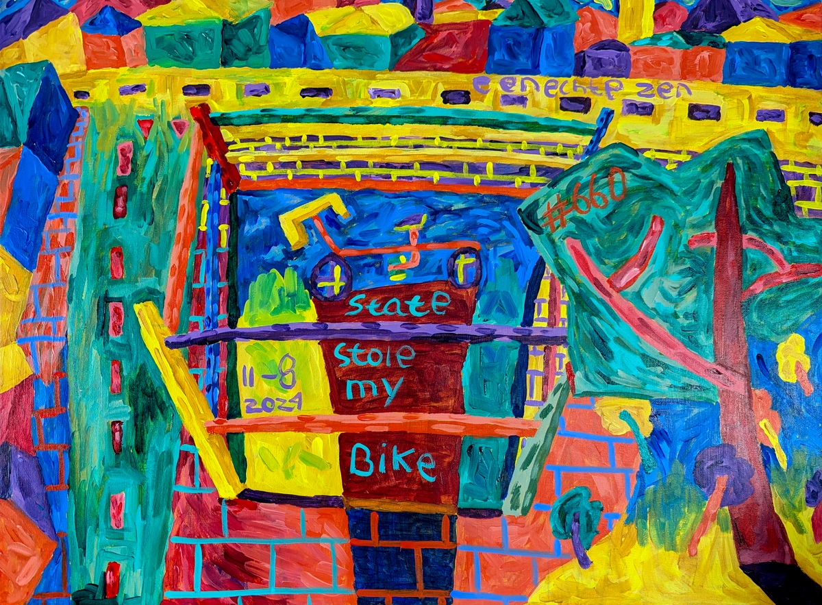 bike, state, neglect, loss, walking, yellow mark, authority, weather, flat tire, city, abstract, colorful, expressive brushstrokes, bold colors, narrative, personal story, Dutch culture