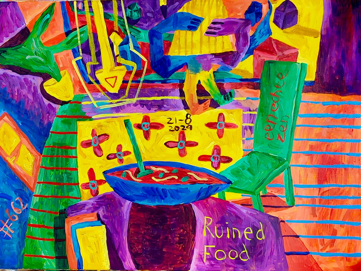 ruined food, failure, struggle, hunger, cooking, disappointment, learning, growth, optimism, discomfort, experimentation, city, buildings, melancholy, vibrant colors, abstract, expressive brushstrokes