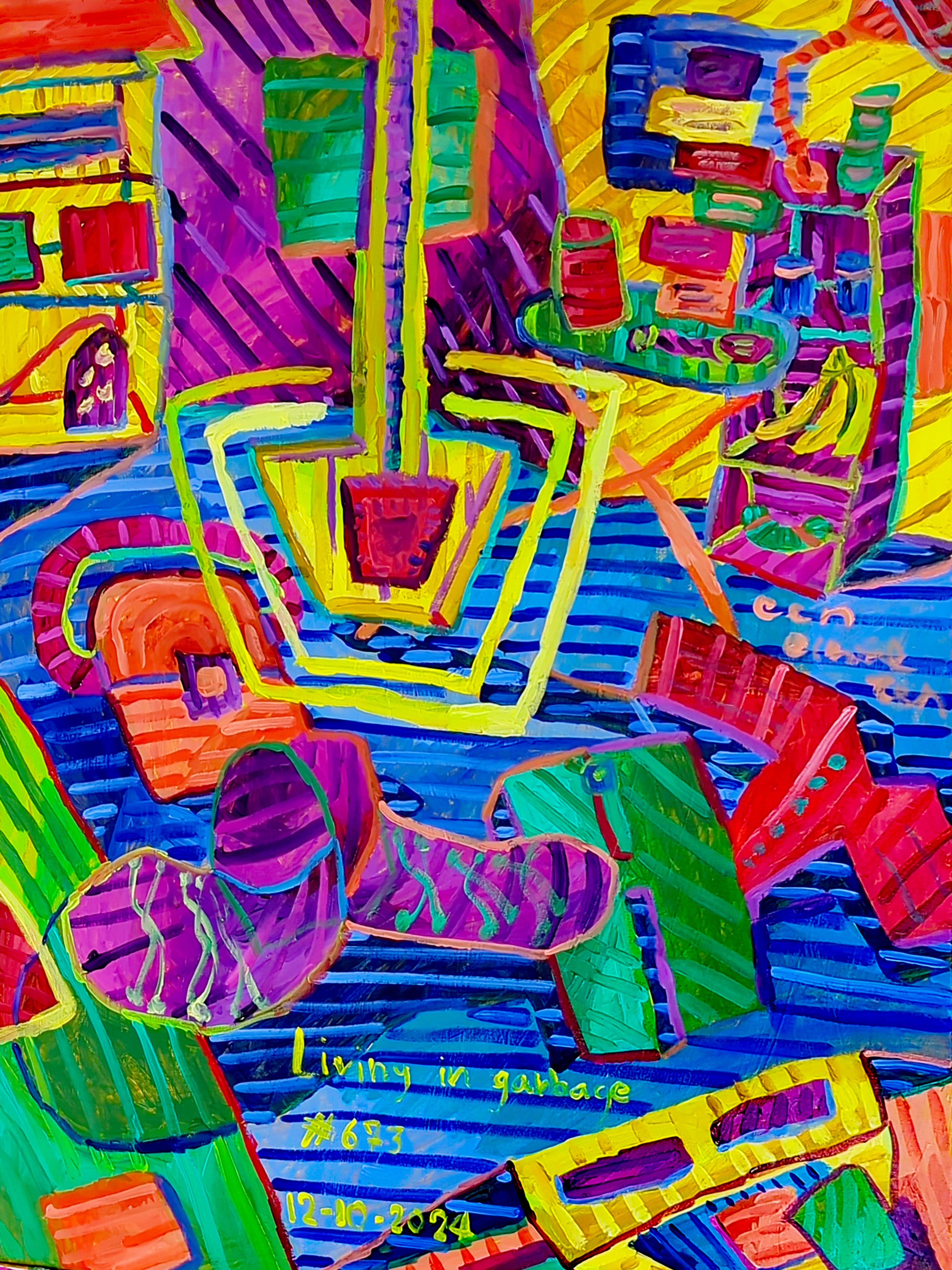 Living in garbage By Dutch Den Bosch Artist Zen Dageraad, Art piece (painting) about: wasting-time story self-portrait