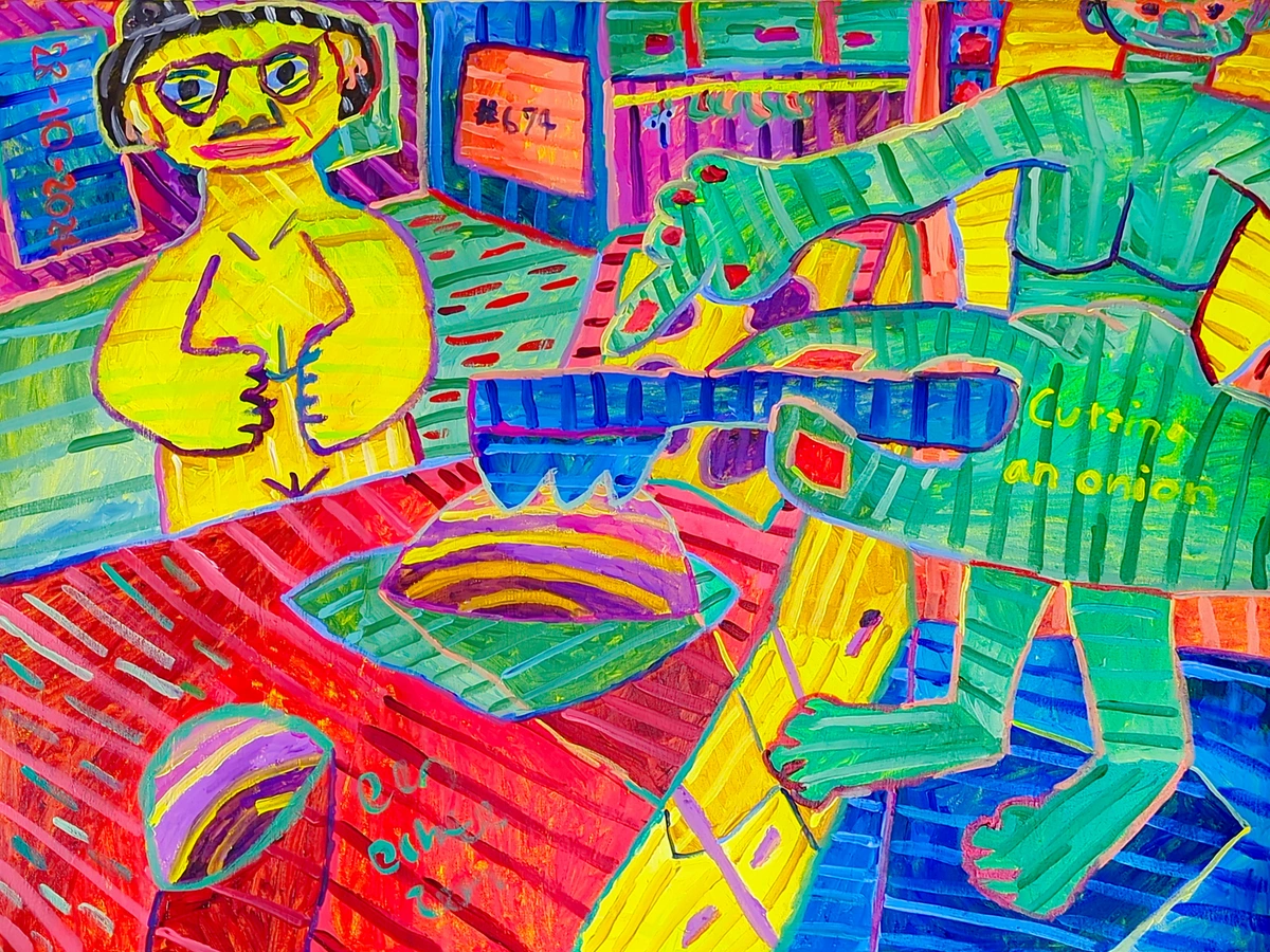 cutting an onion, cooking, relationship, deception, trust, intelligence, self-doubt, humor, vibrant colors, bold brushstrokes, expressive figures, abstract elements, domestic scene, date night, culinary disaster, psychological twist