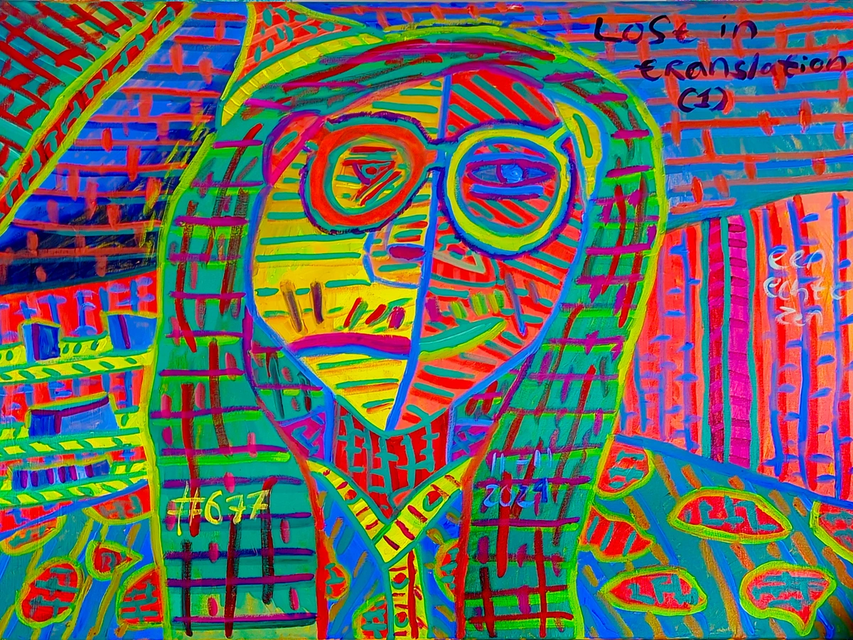 An abstract, colorful, and expressive portrait featuring bold lines and geometric patterns, depicting themes of lost in translation, communication, and understanding in a Dutch city.