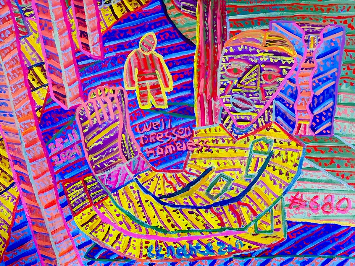 Artwork of vibrant colors and bold brushstrokes, with a fragmented and dynamic composition suggesting urban life or an abstract landscape.