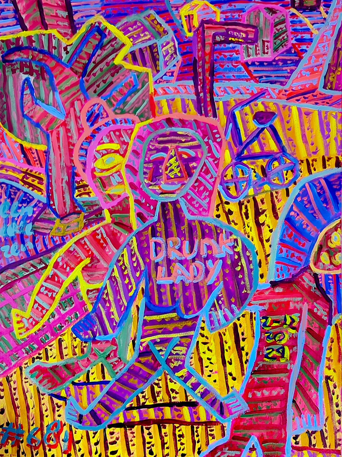 Drunk lady, bicycle, figures, abstract art, vibrant colors, neon palette, high contrast, pink, purple, yellow, blue, red, green, expressionistic, folk art, naive art, thick brushstrokes, textured, painterly, bold outlines, patterned, busy composition, geometric shapes, fragmented, drunkenness, helping, human interaction, self-interest, pretense, irony, memory, perception of good deeds, manipulation, social observation, cynical, humorous, self-aware, disorienting, chaotic, energetic