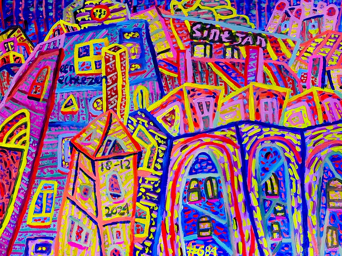 Sint Jan, Netherlands, city, urban landscape, buildings, architecture, windows, doors, roofs, structures, memory, history, spirituality, holiness, awe, mystery, perception, subjective experience, disinterest, appreciation, pretense, fear, grandeur, scale, vibrant, energetic, complex, introspective, humorous, mysterious, awe-inspiring, unsettling, bright colors, vivid, saturated, high contrast, bold, expressive, textured, impasto, thick paint, geometric, abstract forms, stylized, outlined, Fauvist, Expressionist, Naïve art, urban art, cityscape