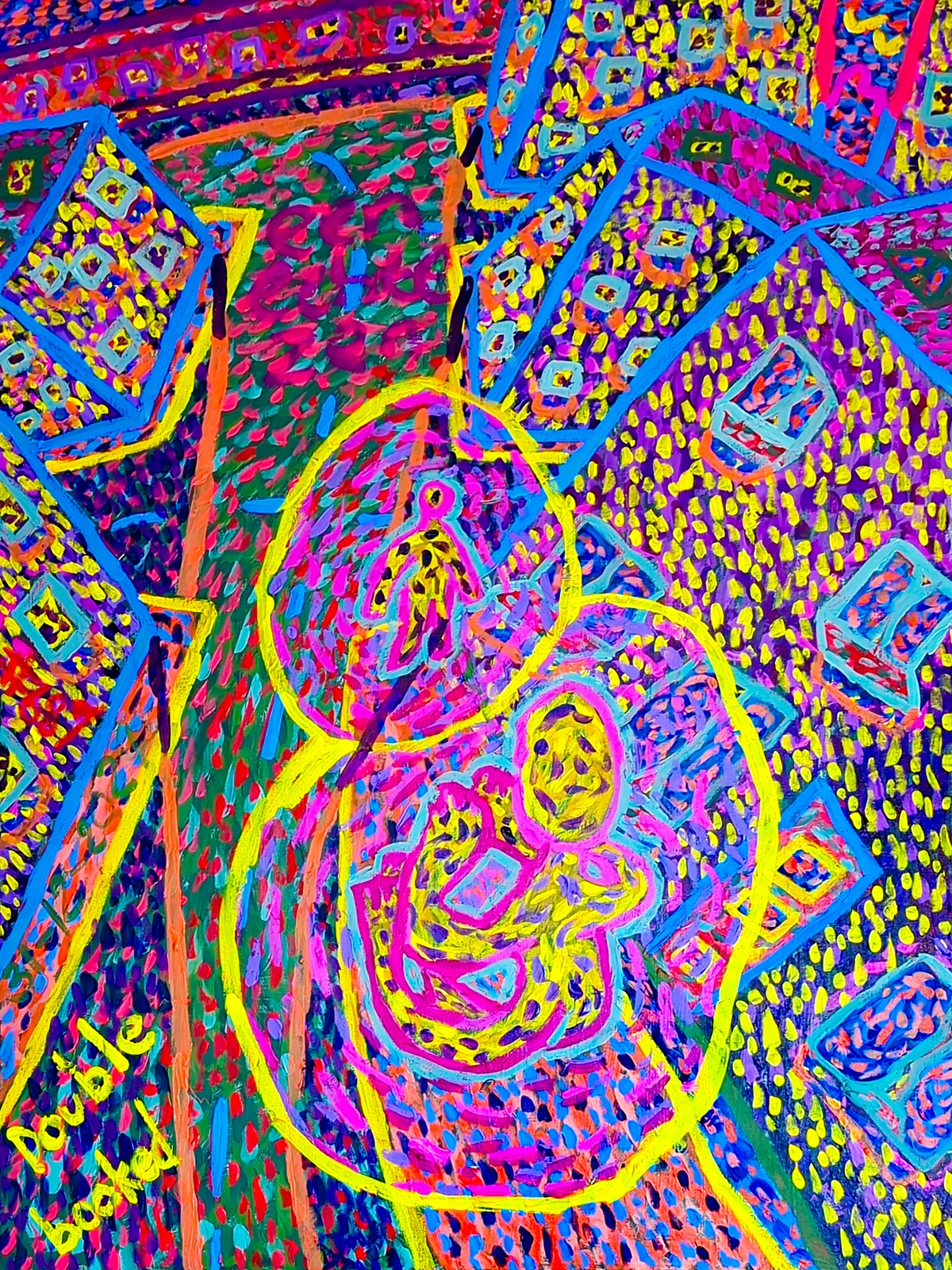 Double booking, travel mishap, Ghent, Belgium, hotel, disappointment, defeat, helplessness, loss of self, disappearance, passage of time, existential, surrealism, absurdity, detachment, urban decay, misfortune, bureaucratic error, being stranded, loss of control, frustration, resignation, melancholic, unsettling, passive, hopeless, absurd, vibrant colors, neon colors, high contrast, bright pink, electric blue, vivid yellow, deep purple, lime green, orange, red, pointillism, stippling, abstract art, expressionistic, folk art, psychedelic art, busy composition, chaotic, intricate patterns, geometric shapes, organic shapes, circles, diamonds, squares, wavy lines, distorted figures, stylized faces, layered, overlapping elements, text art